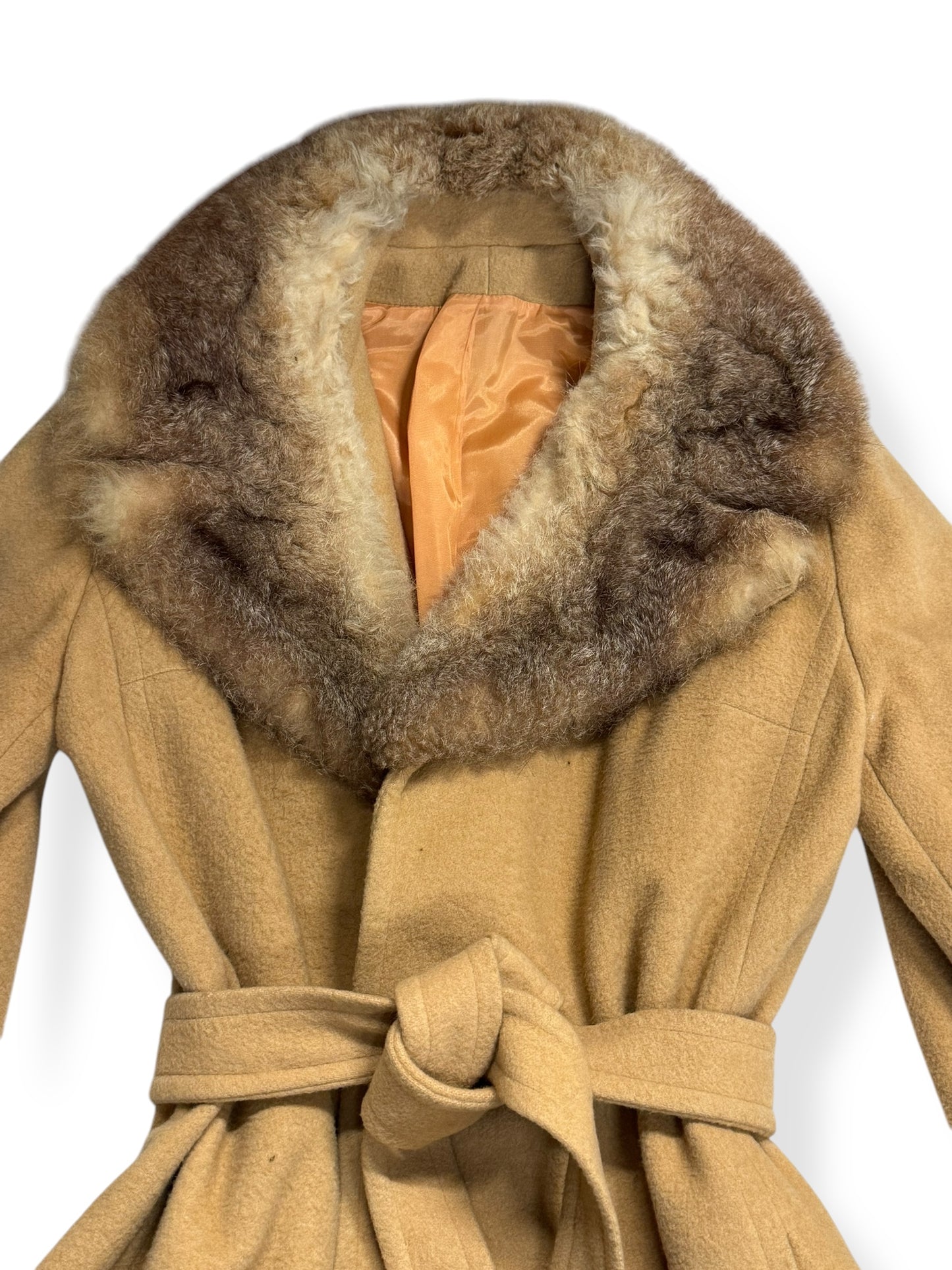 1960s Belted Camel Coat with Fur Collar M