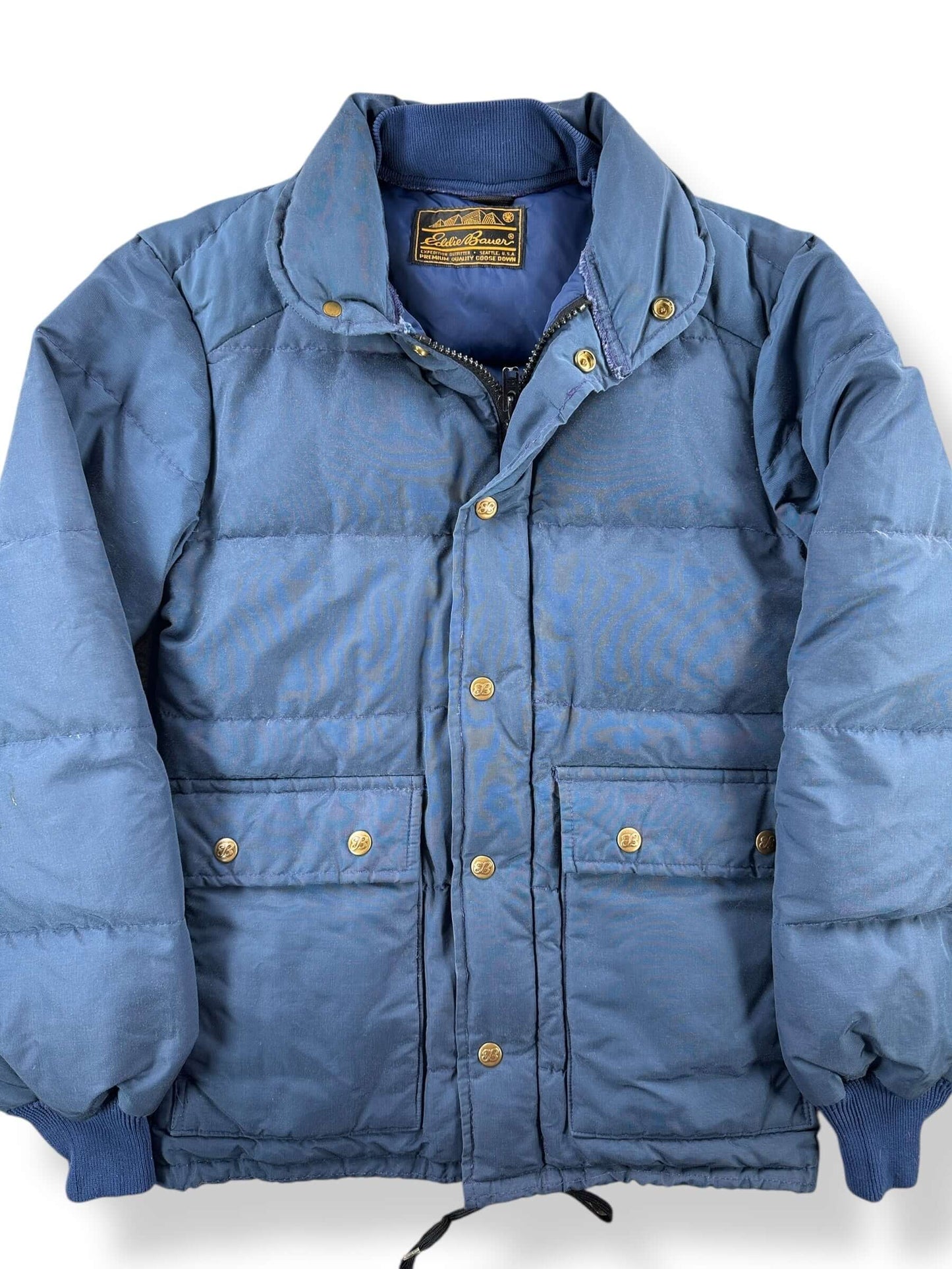 Front Close Up of Vintage Navy Blue Eddie Bauer Down Jacket SZ S