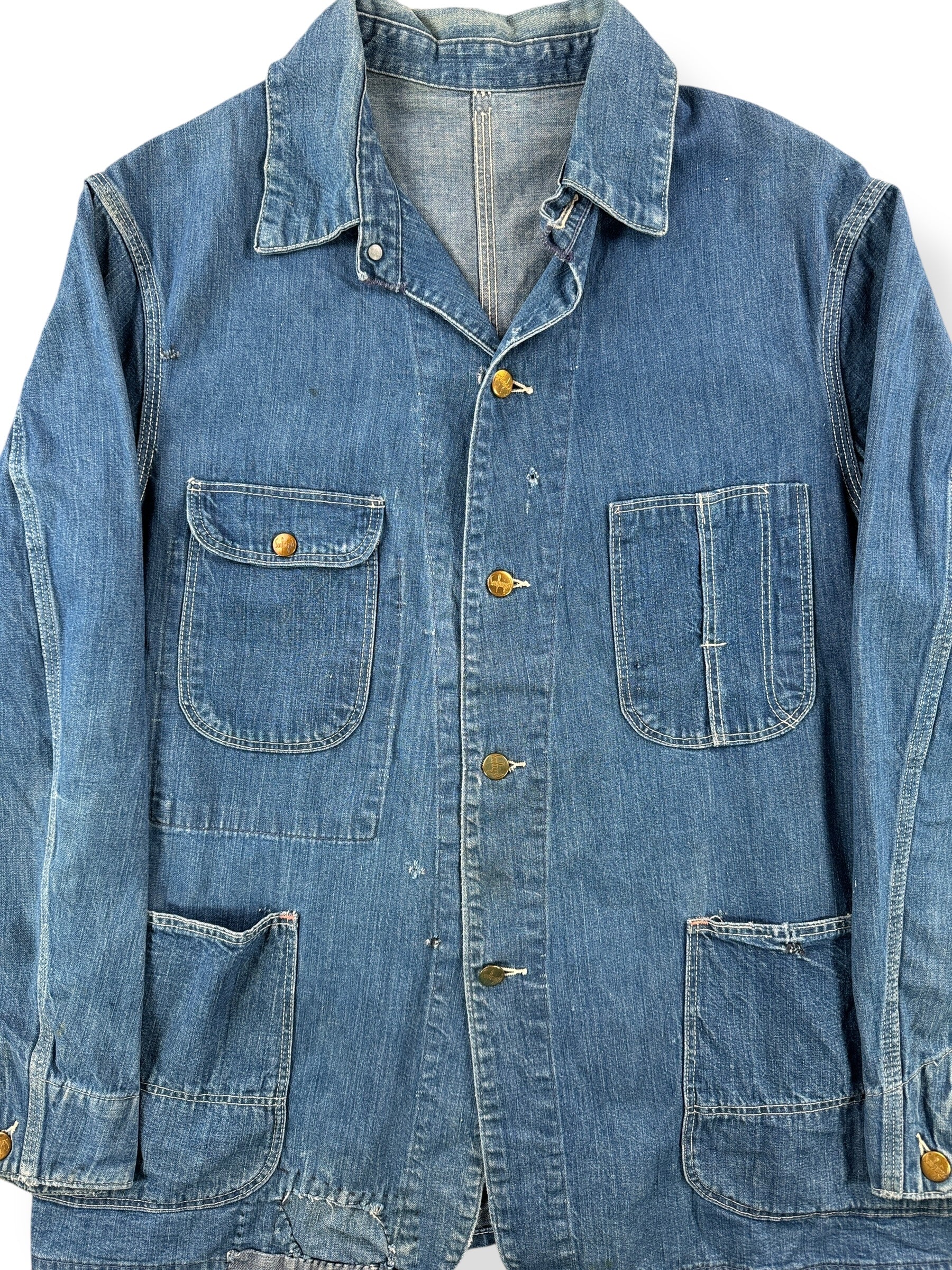 Front Close Up of Vintage Hand Repaired Sanforized Denim Chore Coat SZ L