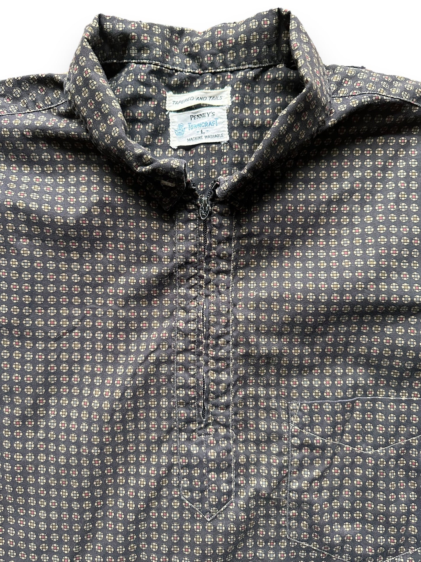 Collar and Tag View of Vintage Penney's Towncraft 1/4 Zip Long Sleeve Shirt SZ L| Vintage Rockabilly Shirt Seattle | Barn Owl Vintage Clothing Seattle