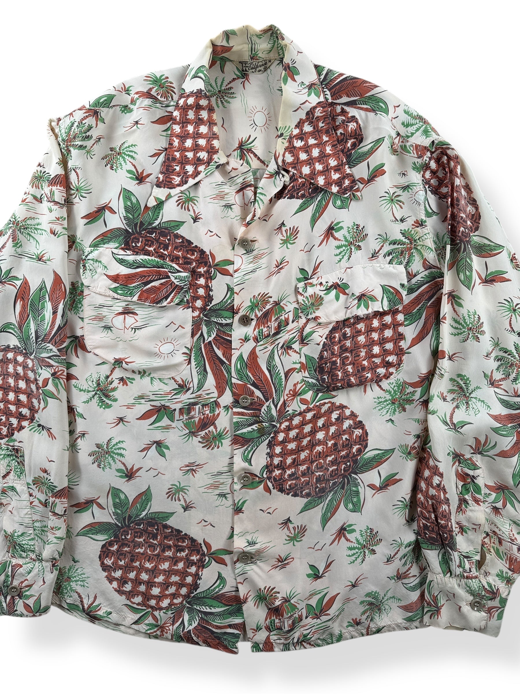 Front Close Up of Vintage Made in California Long Sleeve Aloha Shirt SZ M