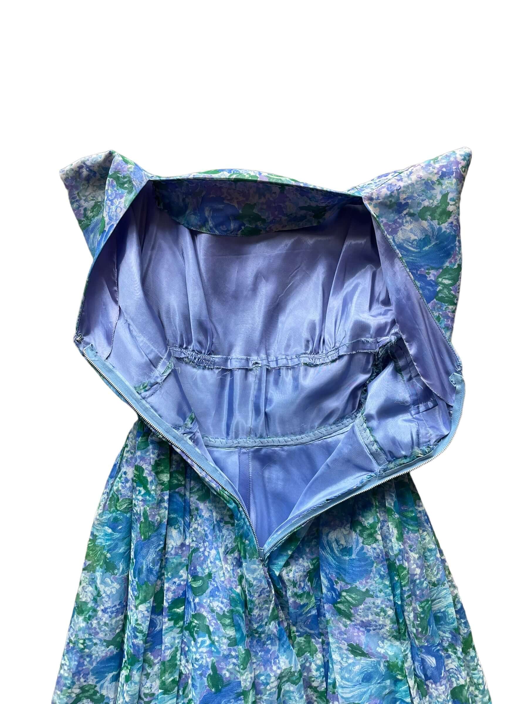Open zipped back of Vintage 1950s Formal Blue Floral Dress SZ XS | Seattle True Vintage Dresses | Barn Owl Vintage Ladies Clothing