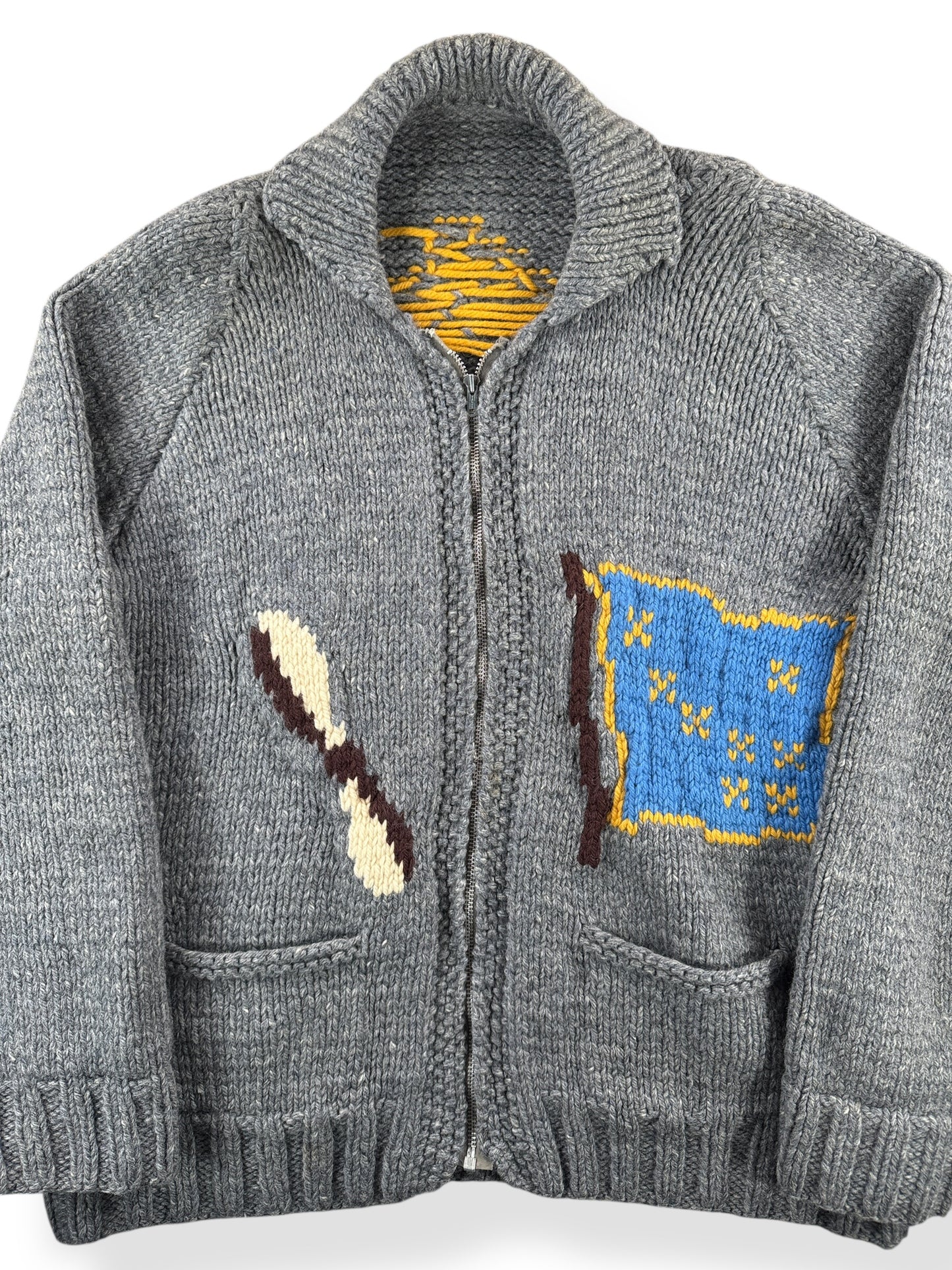 Front Close Up of Vintage Alaska Bush Plane Cowichan Style Sweater SZ XL