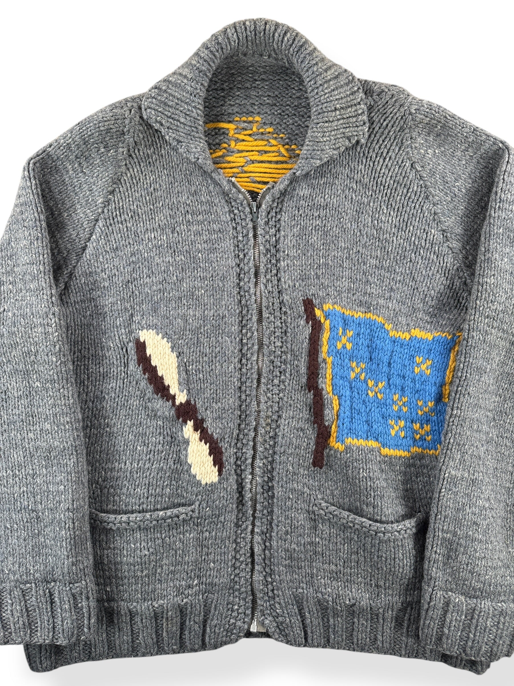 Front Close Up of Vintage Alaska Bush Plane Cowichan Style Sweater SZ XL