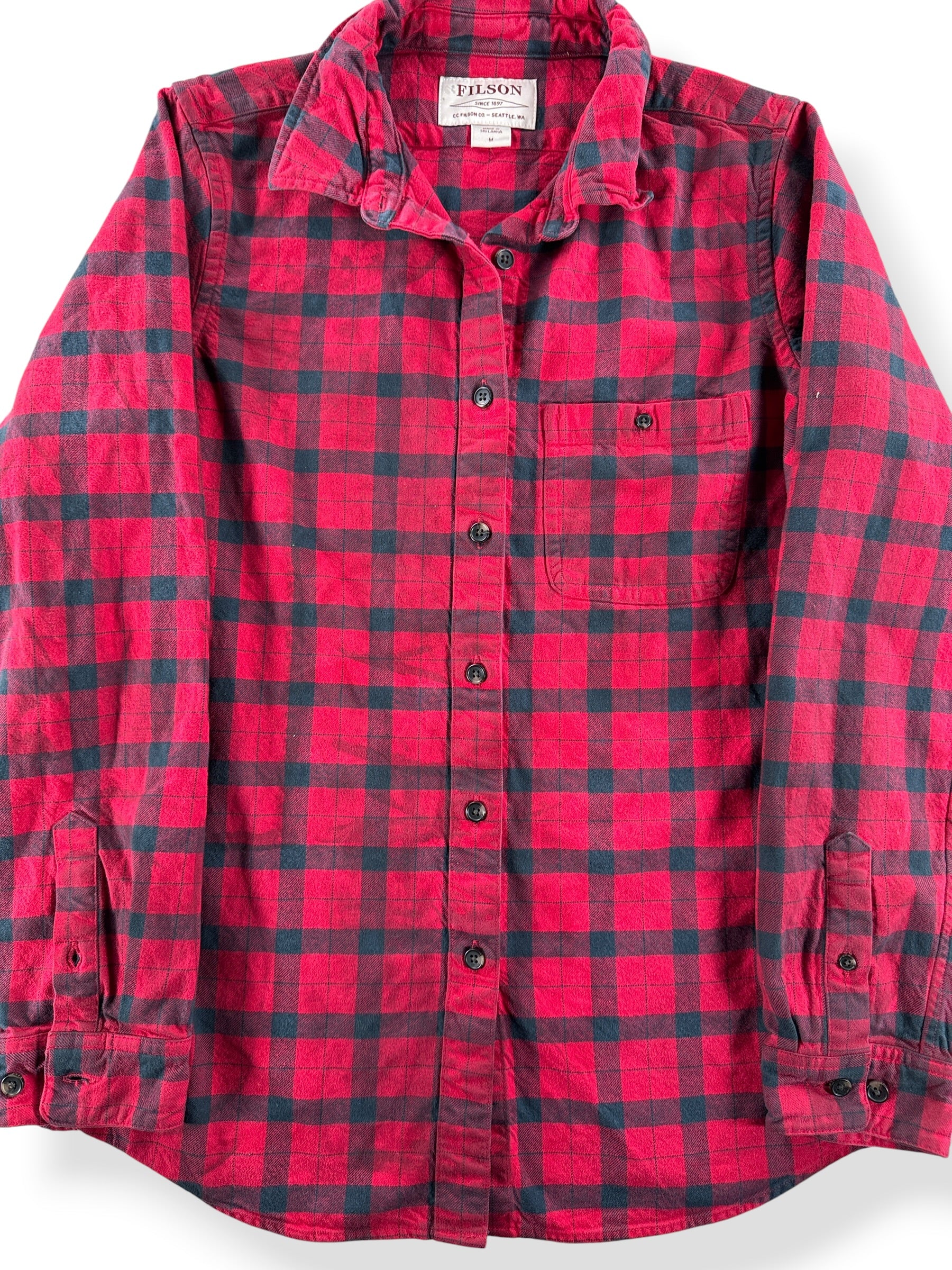 Front Close Up of Filson Red Black Women's Alaska Guide Shirt SZ M