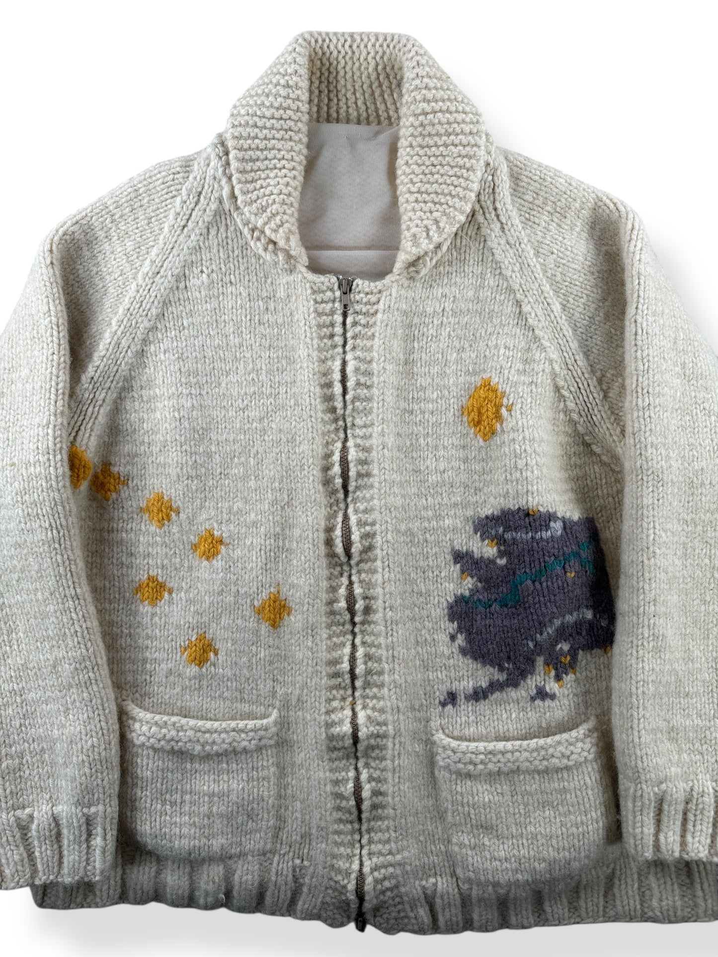 Front Close Up of Vintage Alaskan Salmon Lined Cowichan Sweater SZ XL