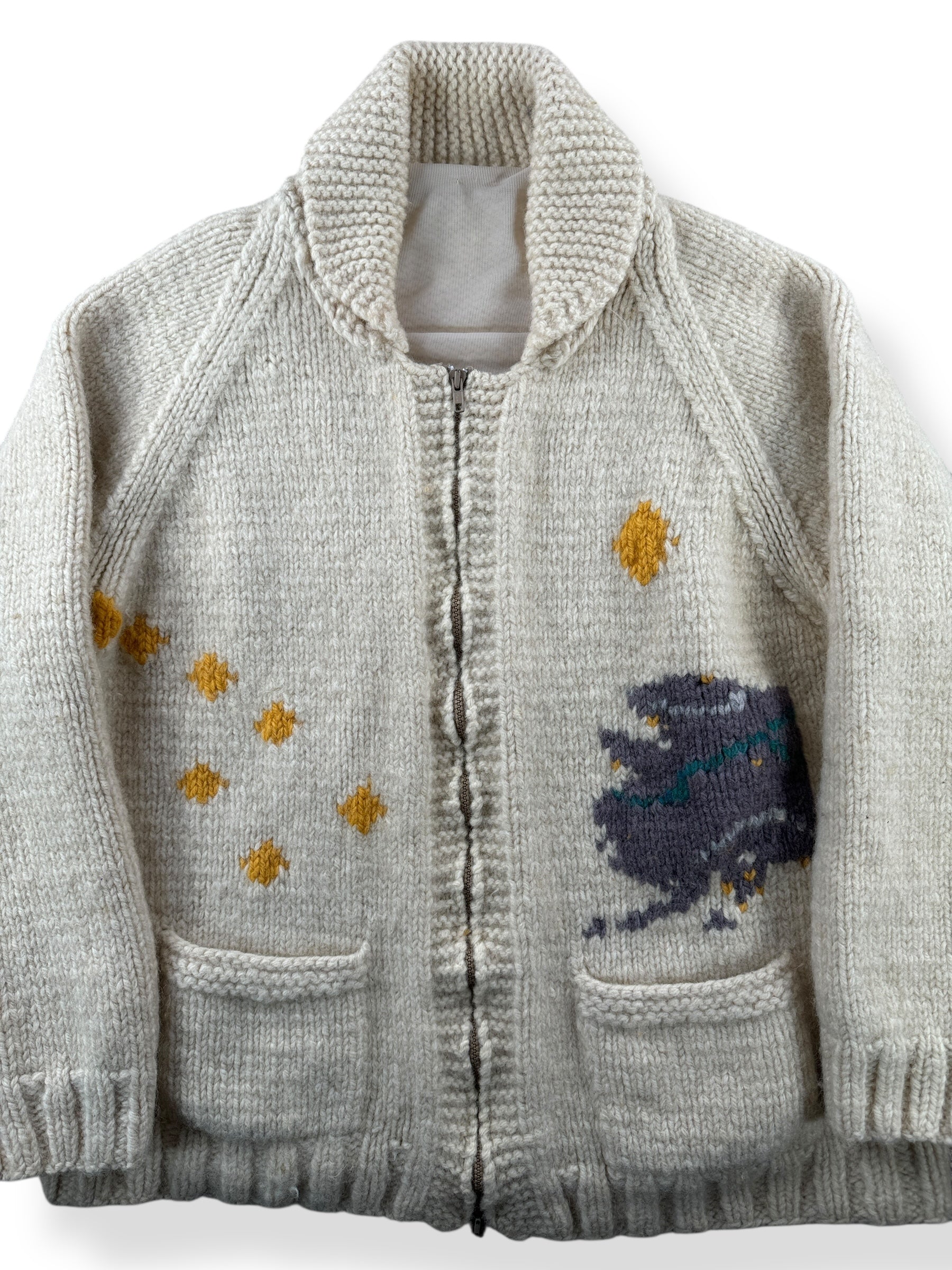 Front Close Up of Vintage Alaskan Salmon Lined Cowichan Sweater SZ XL