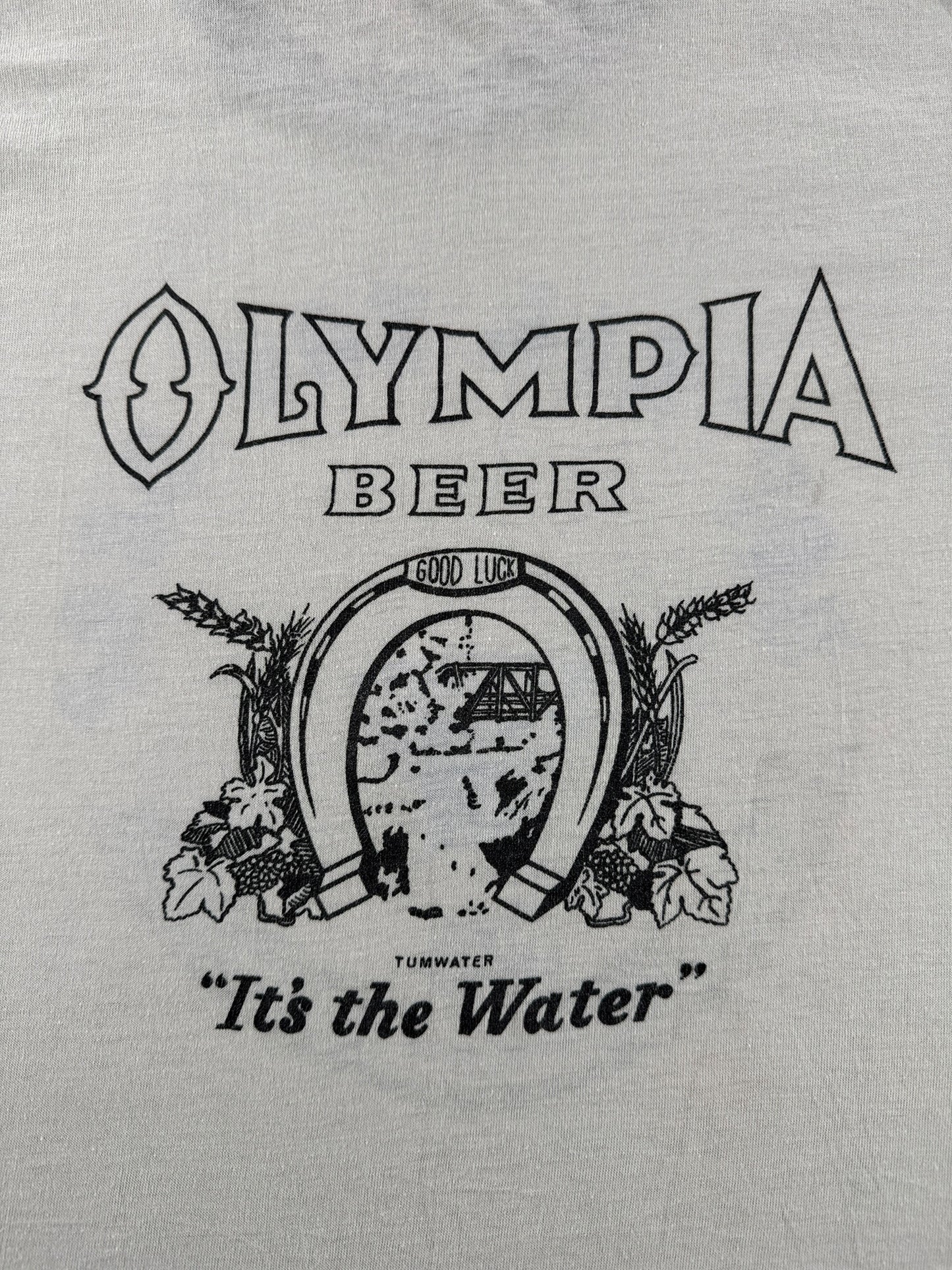 Graphic of Vintage 70s Era Bop Til You Drop Olympia Beer Ringer Tee SZ S