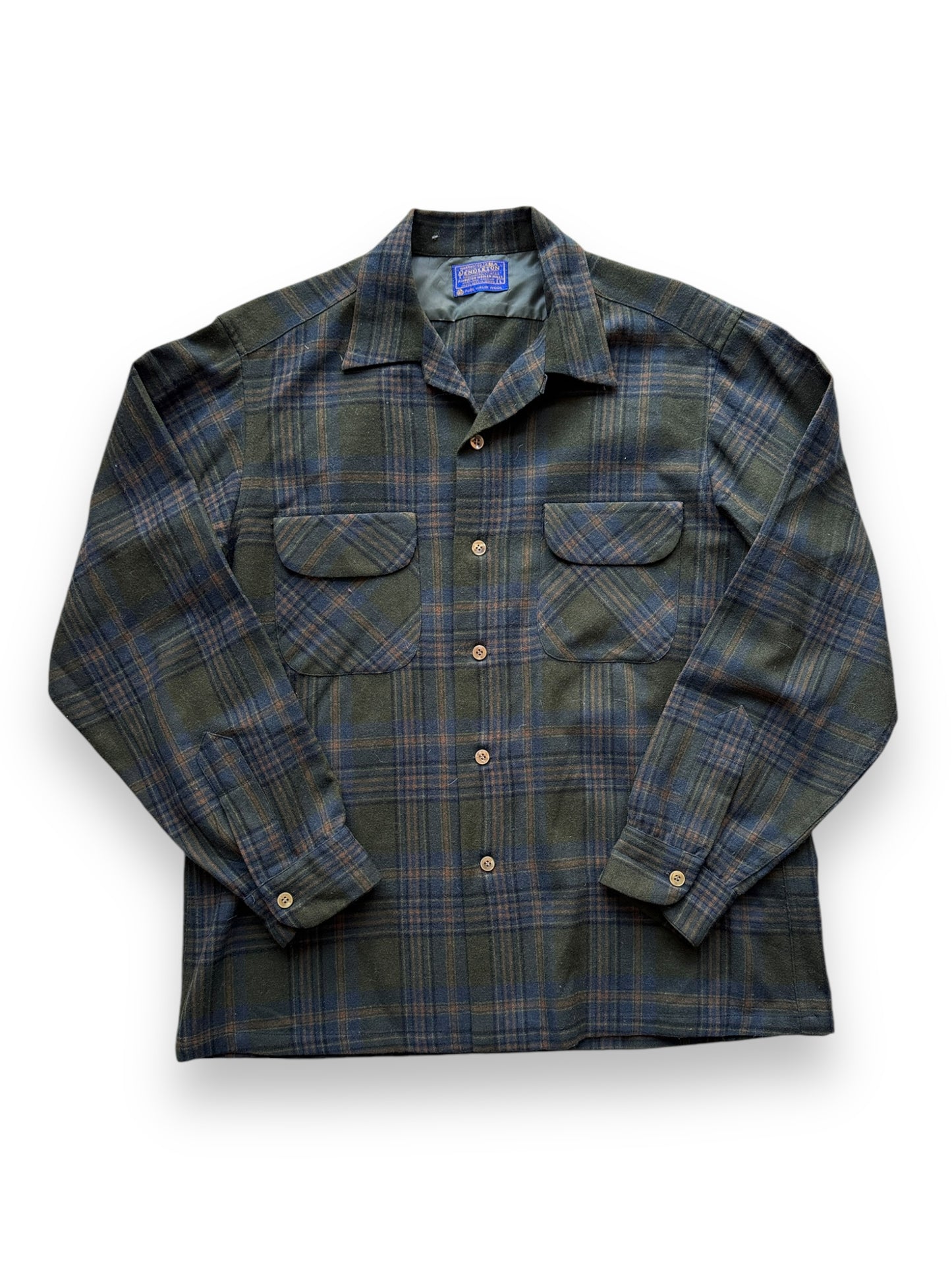 front of Vintage Pendleton Olive/Blue/Brown Board Shirt SZ L