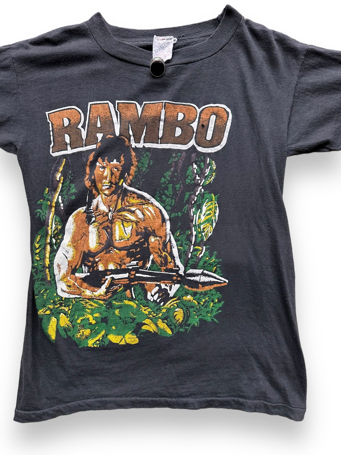 Front Detail on Vintage Sylvester Stallone Rambo T-Shirt SZ L |  Vintage John Rambo Tee Seattle | Barn Owl Vintage