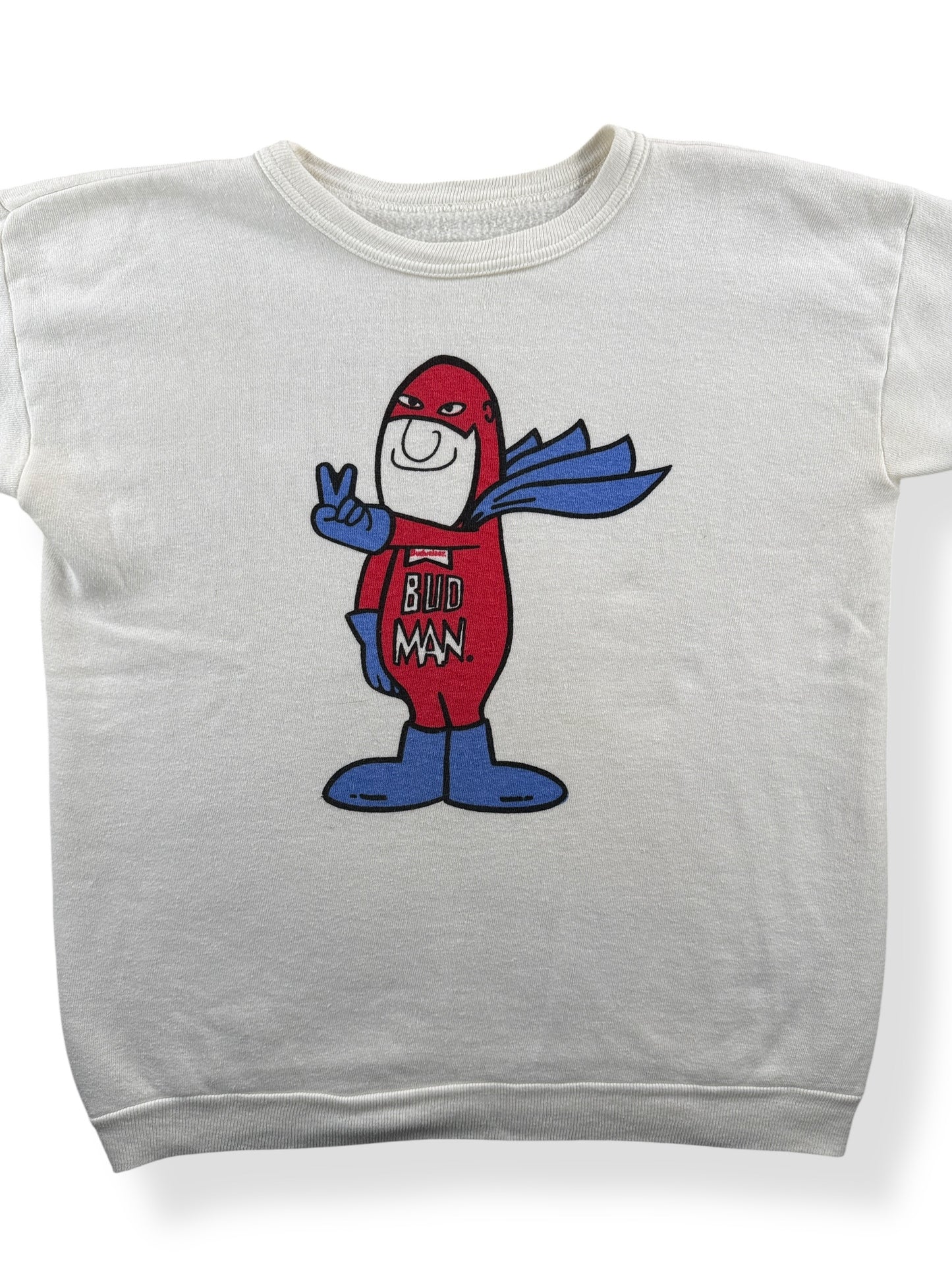 Front Close Up of Vintage Bud Man Short Sleeve Crewneck SZ S