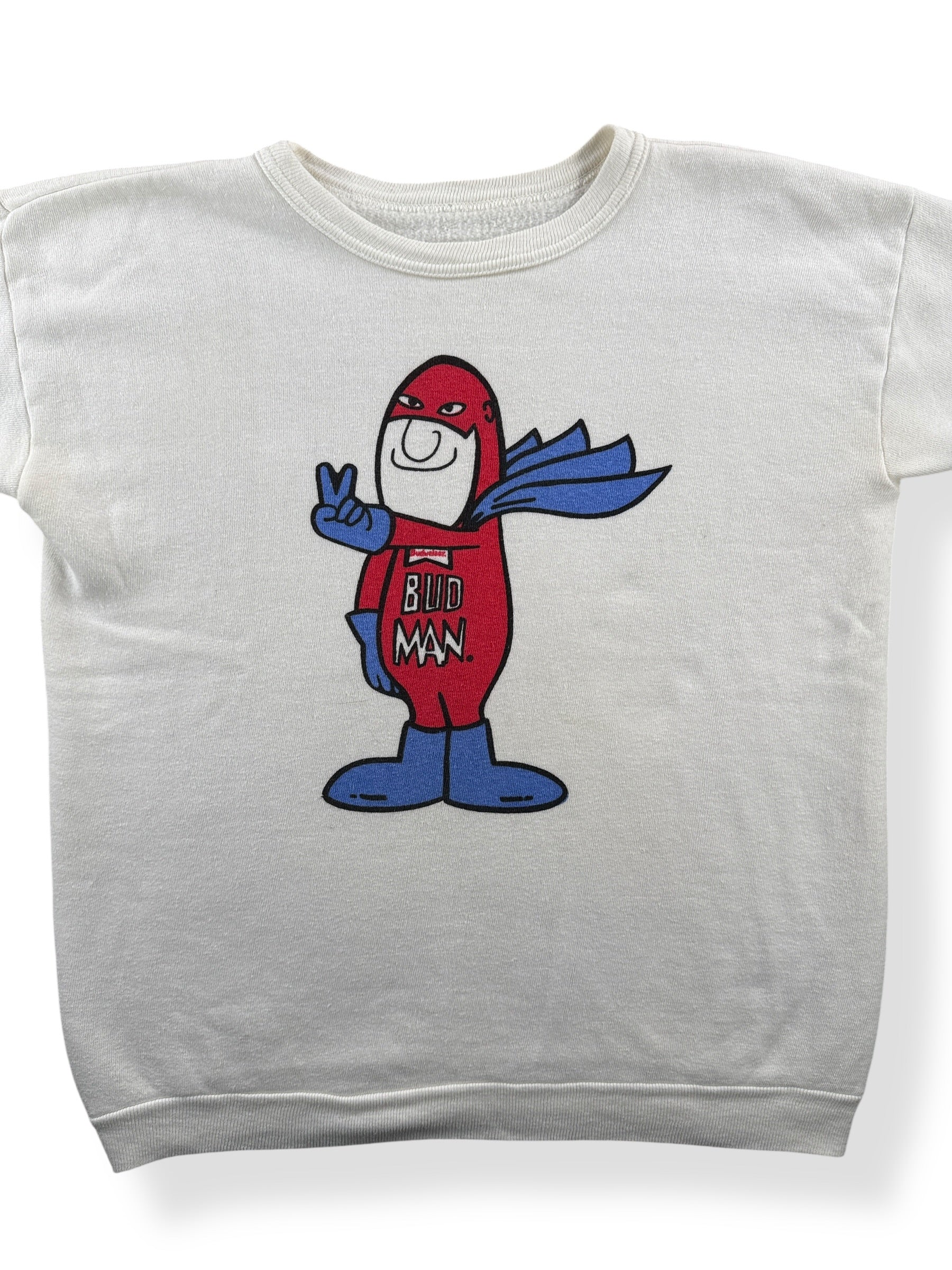Front Close Up of Vintage Bud Man Short Sleeve Crewneck SZ S