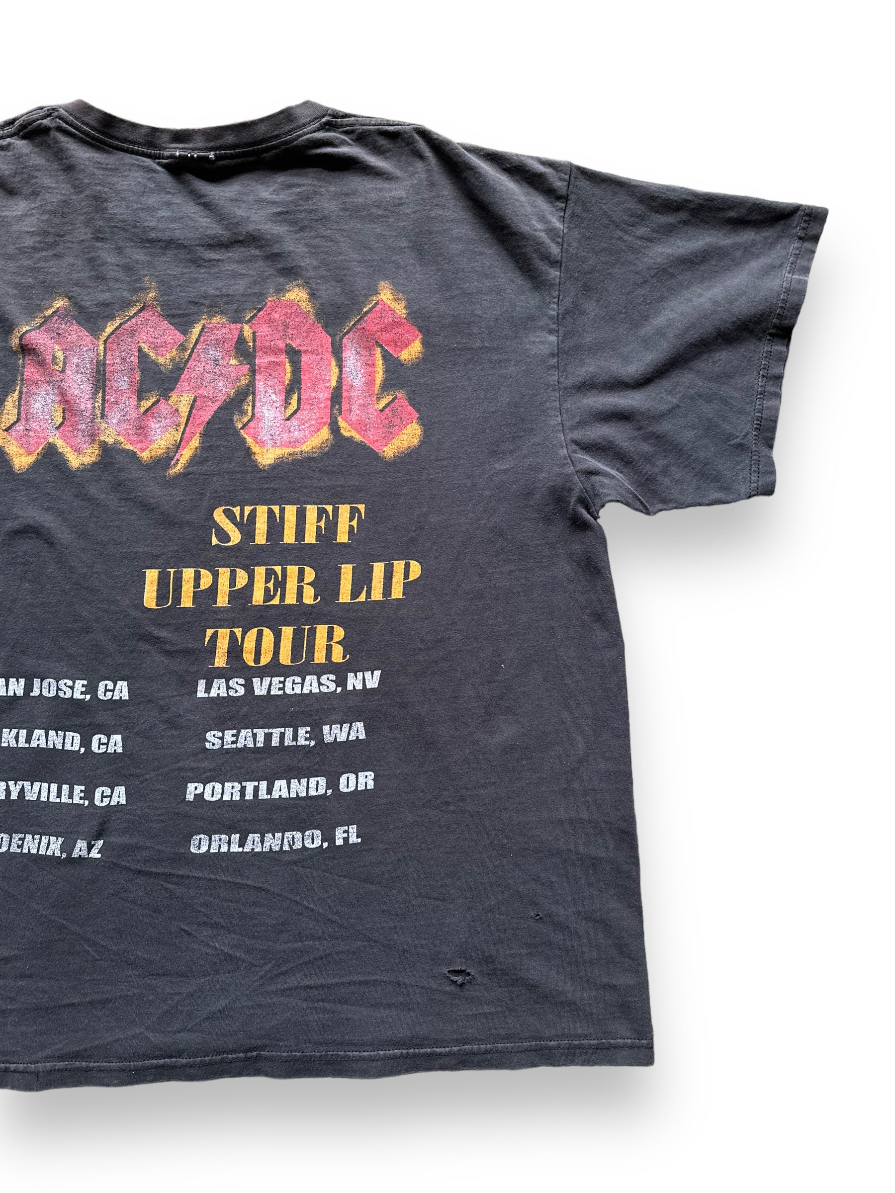 Rear Right View of Vintage AC/DC Stiff Upper Lip Tour Tee Size XXL |  Barn Owl Vintage Seattle | Vintage Rock Tees Seattle