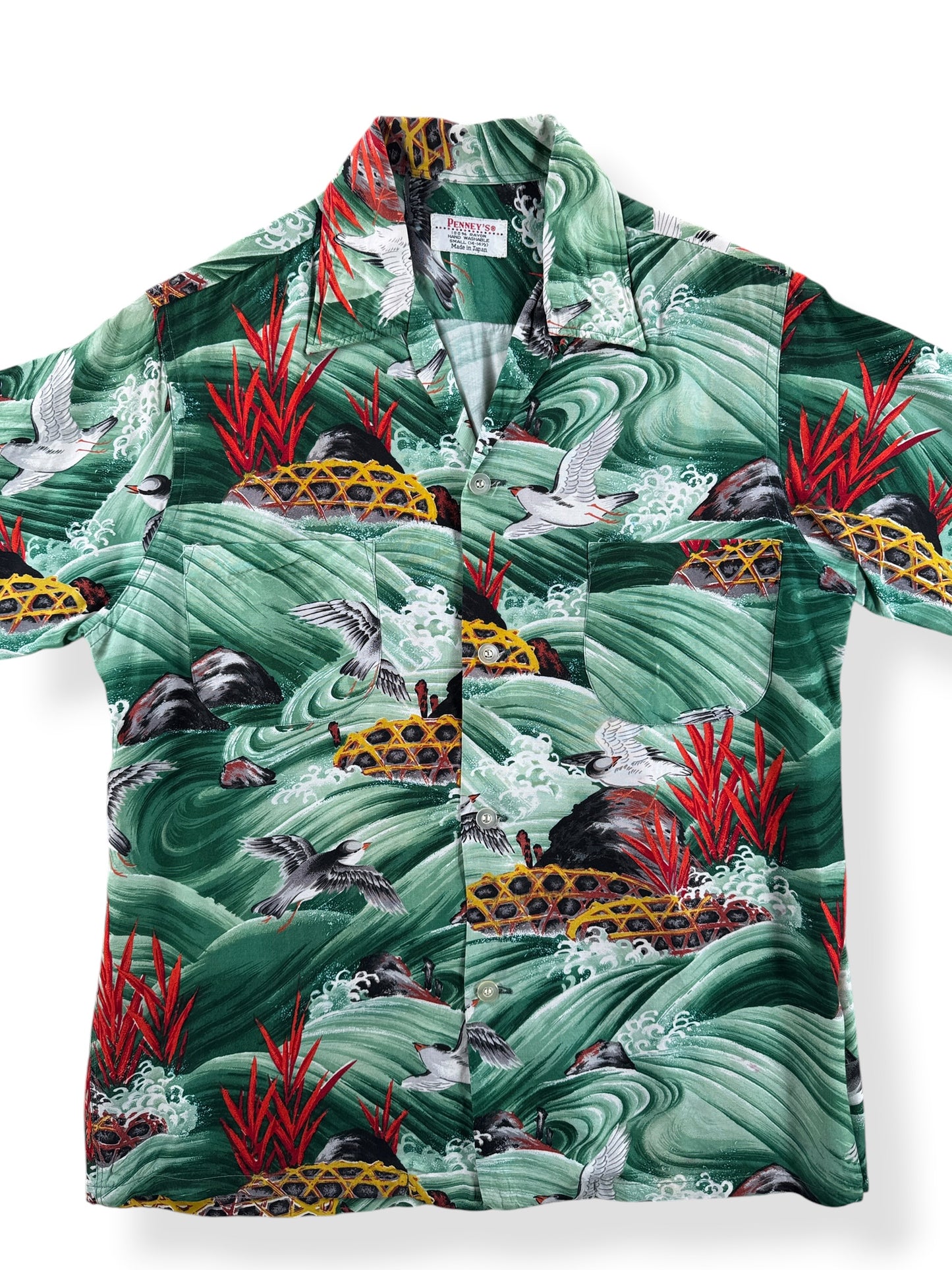 Front Close Up of Vintage Penney's Green Sea Bird Aloha Shirt SZ S