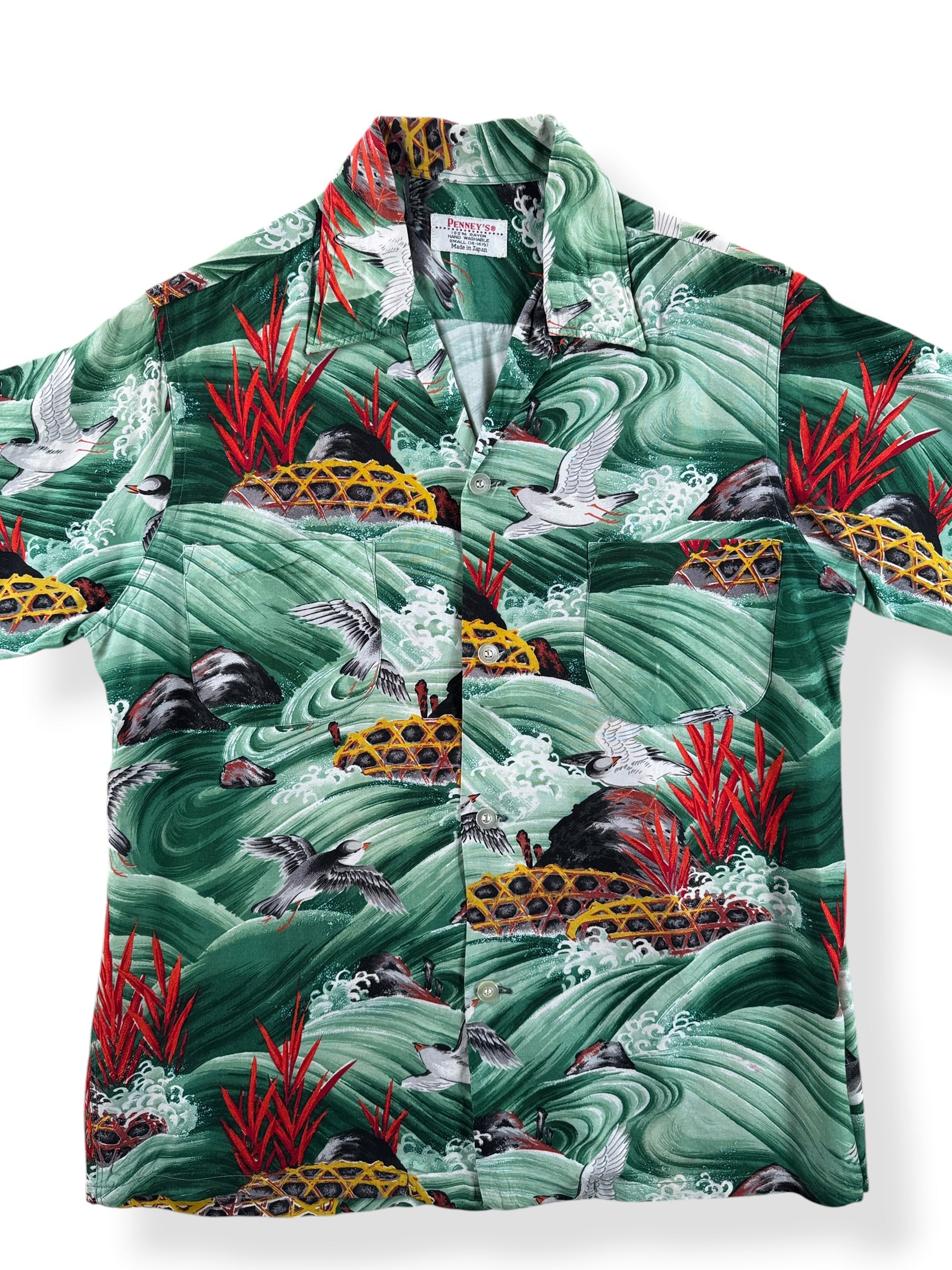 Front Close Up of Vintage Penney's Green Sea Bird Aloha Shirt SZ S