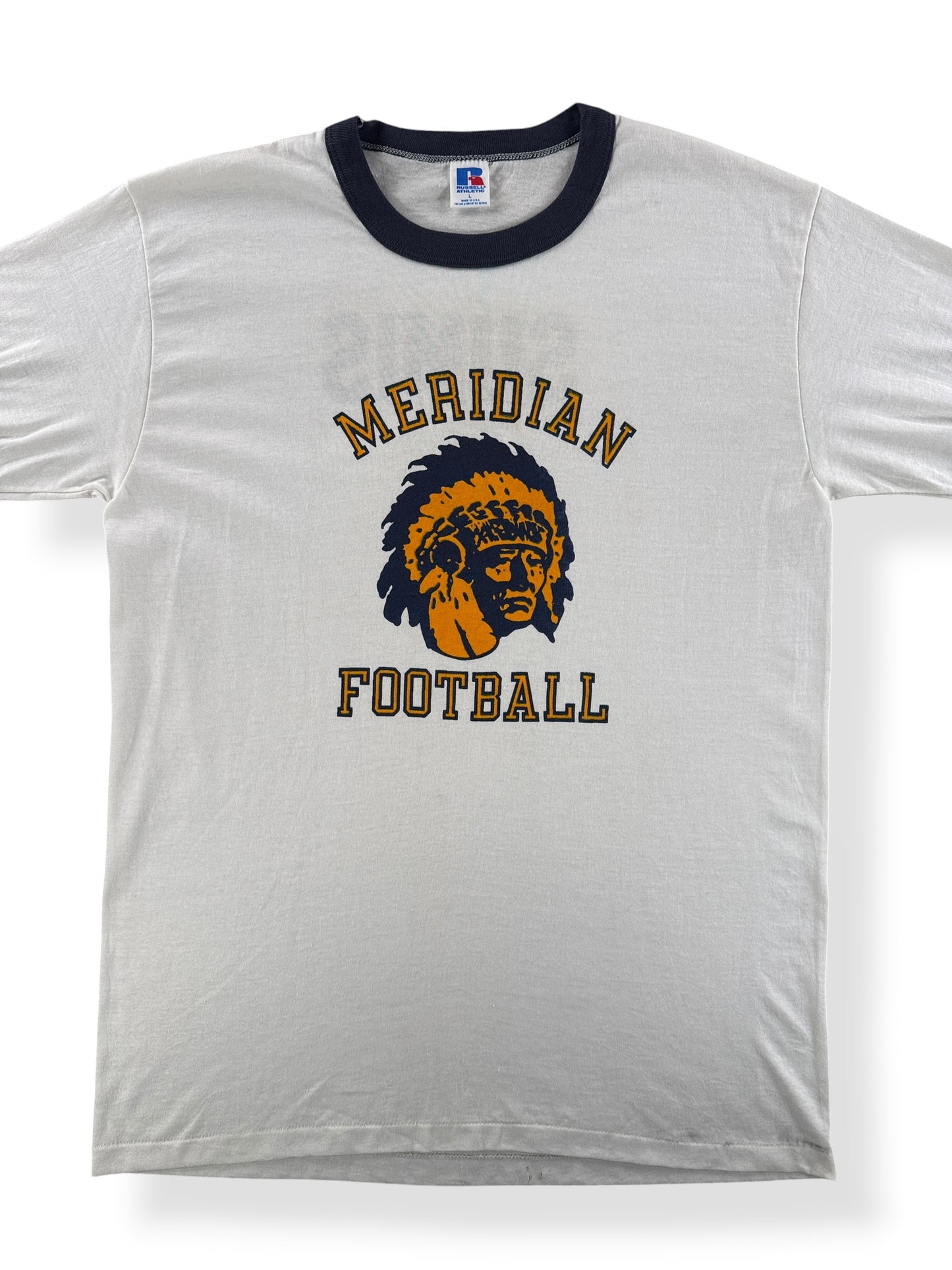 Front Close Up of Vintage Meridian Football Ringer Tee SZ L (Fits M)