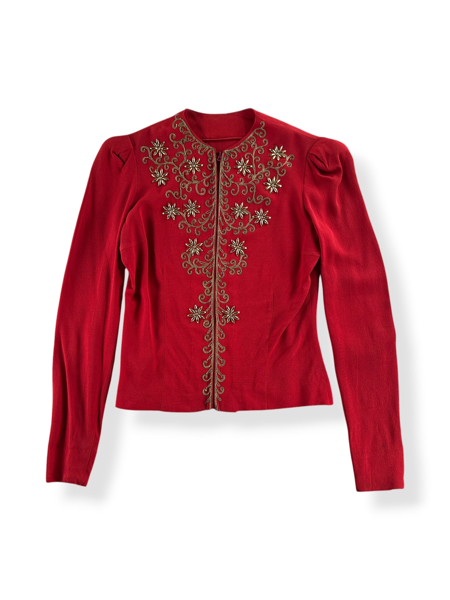 Front of Vintage 1940s Red Rayon Blouse W/ Beadwork SZ XS