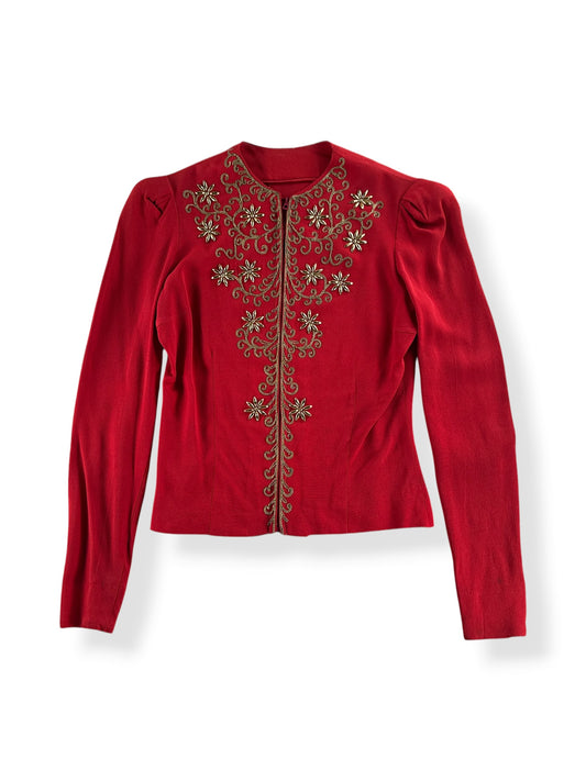 Front of Vintage 1940s Red Rayon Blouse W/ Beadwork SZ XS
