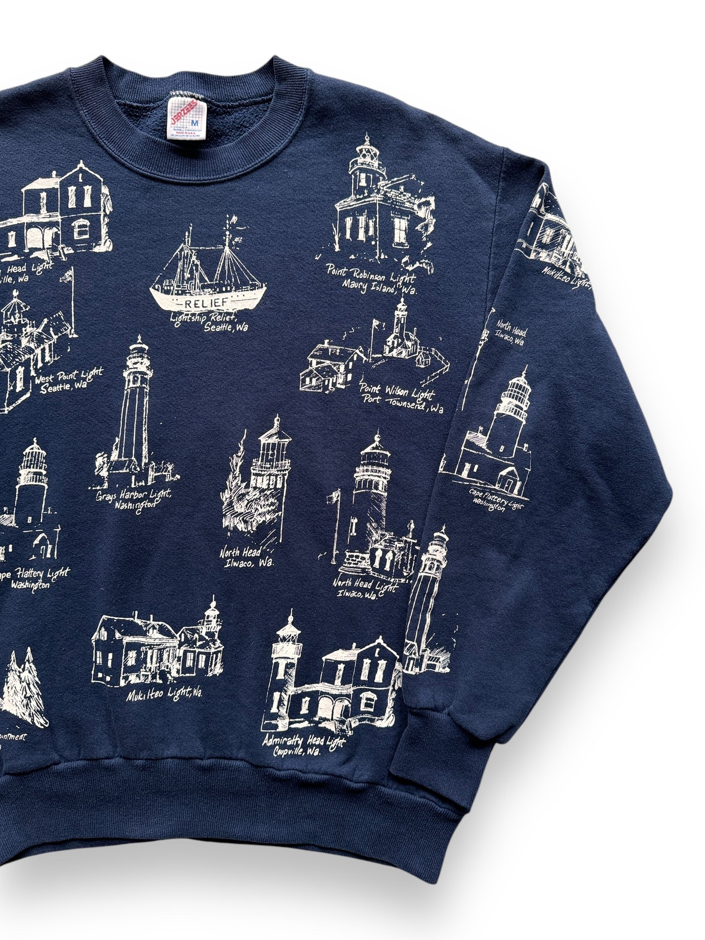 front left of Vintage Washington Lighthouses AOP Crewneck SZ M