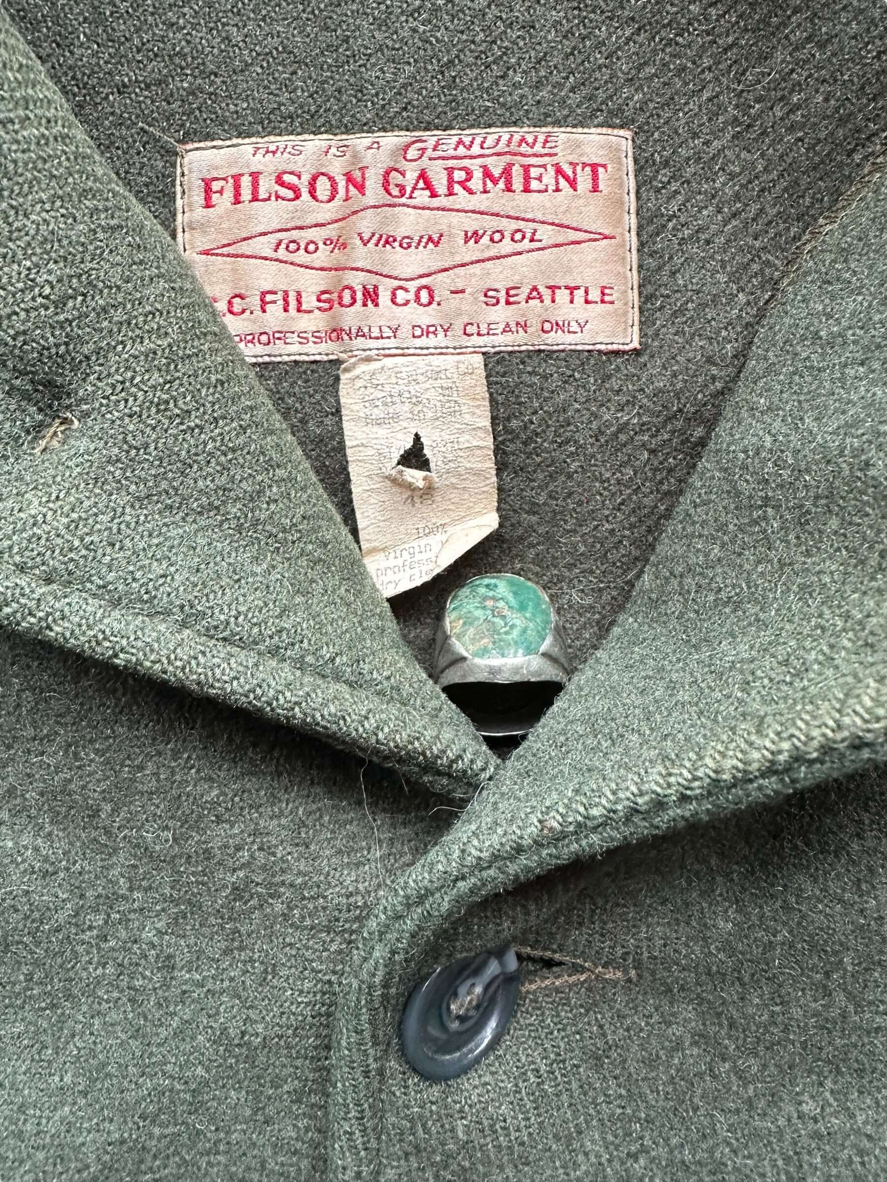 Tag View of Vintage Filson Forest Green Double Mackinaw Cruiser SZ 48 |  Vintage Filson Workwear Seattle