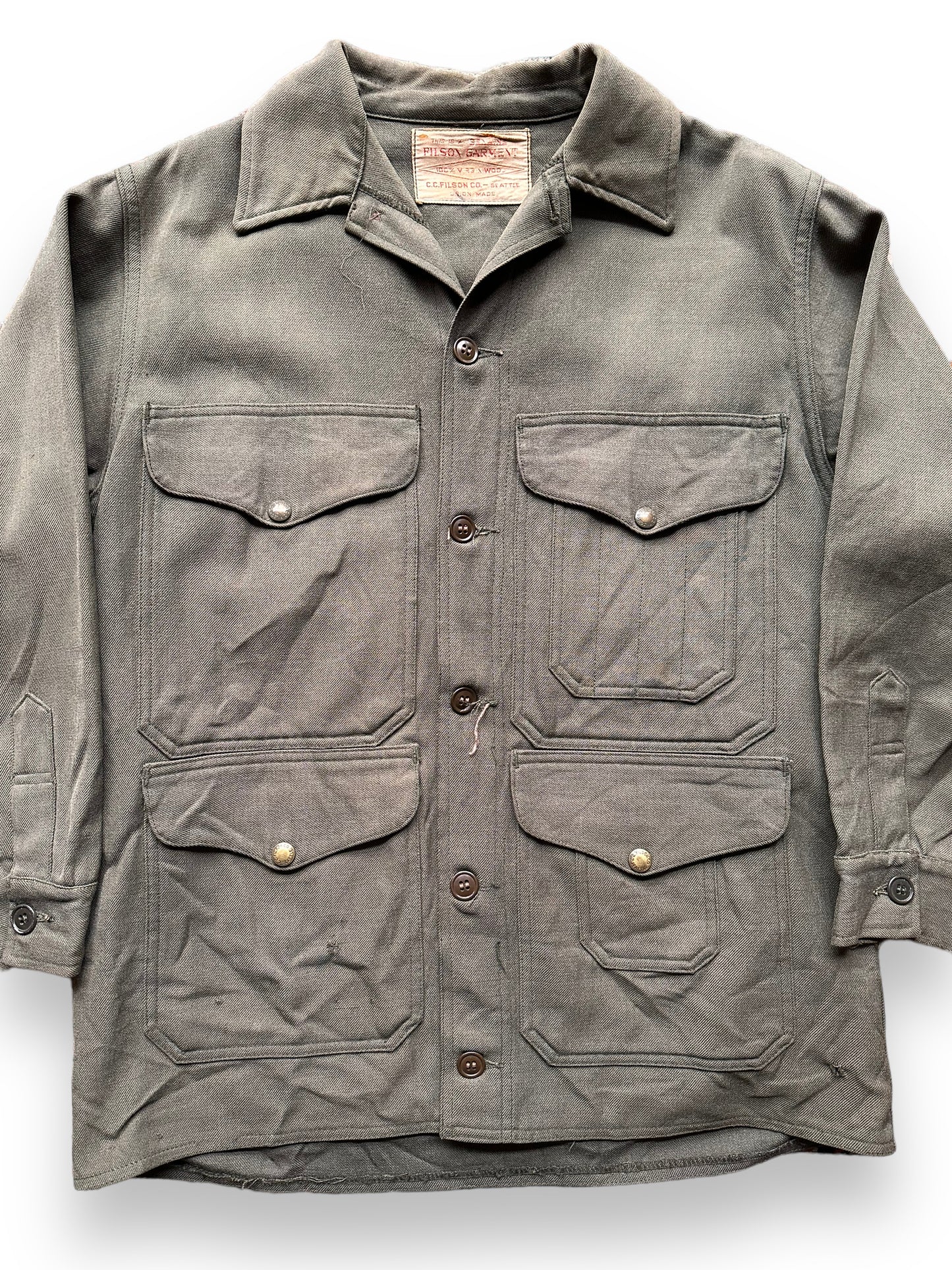 front close up of Vintage 60s Filson Union Made Whipcord Cruiser SZ 40 |  Barn Owl Vintage Goods | Vintage Filson Workwear Seattle