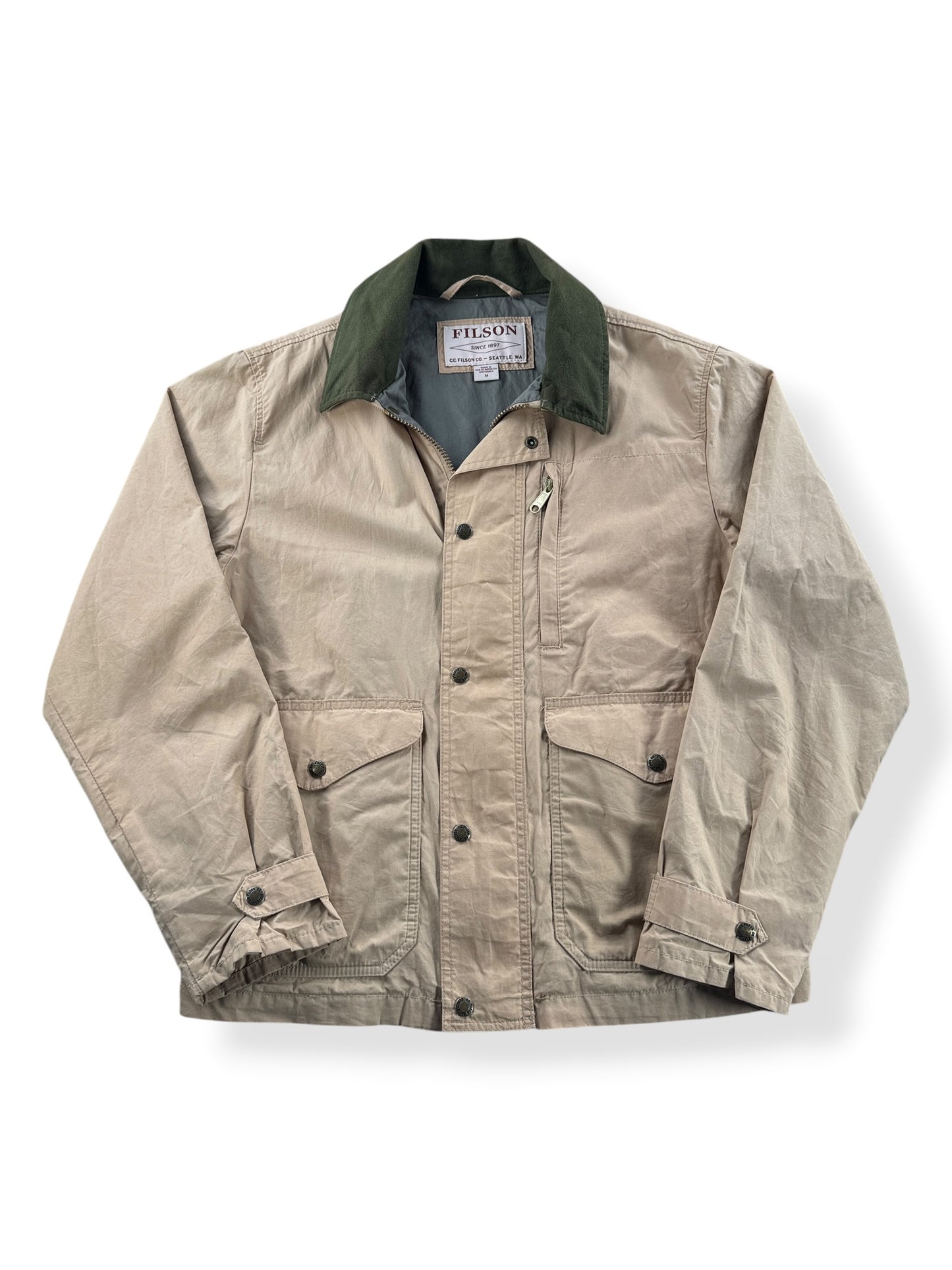 Front of Filson Khaki Mile Marker Jacket SZ L