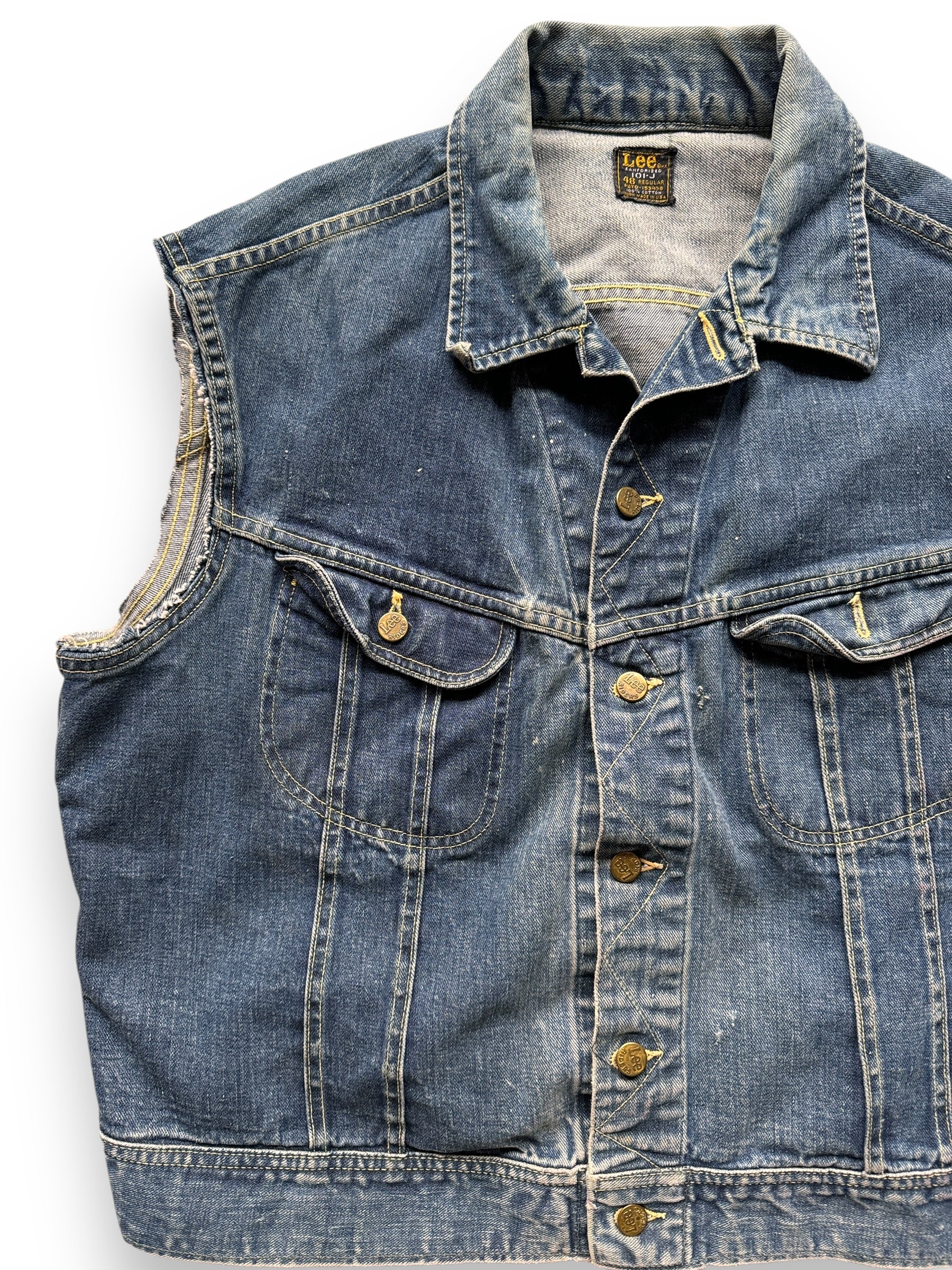 front right of Vintage Lee 101-J Denim Vest SZ 48