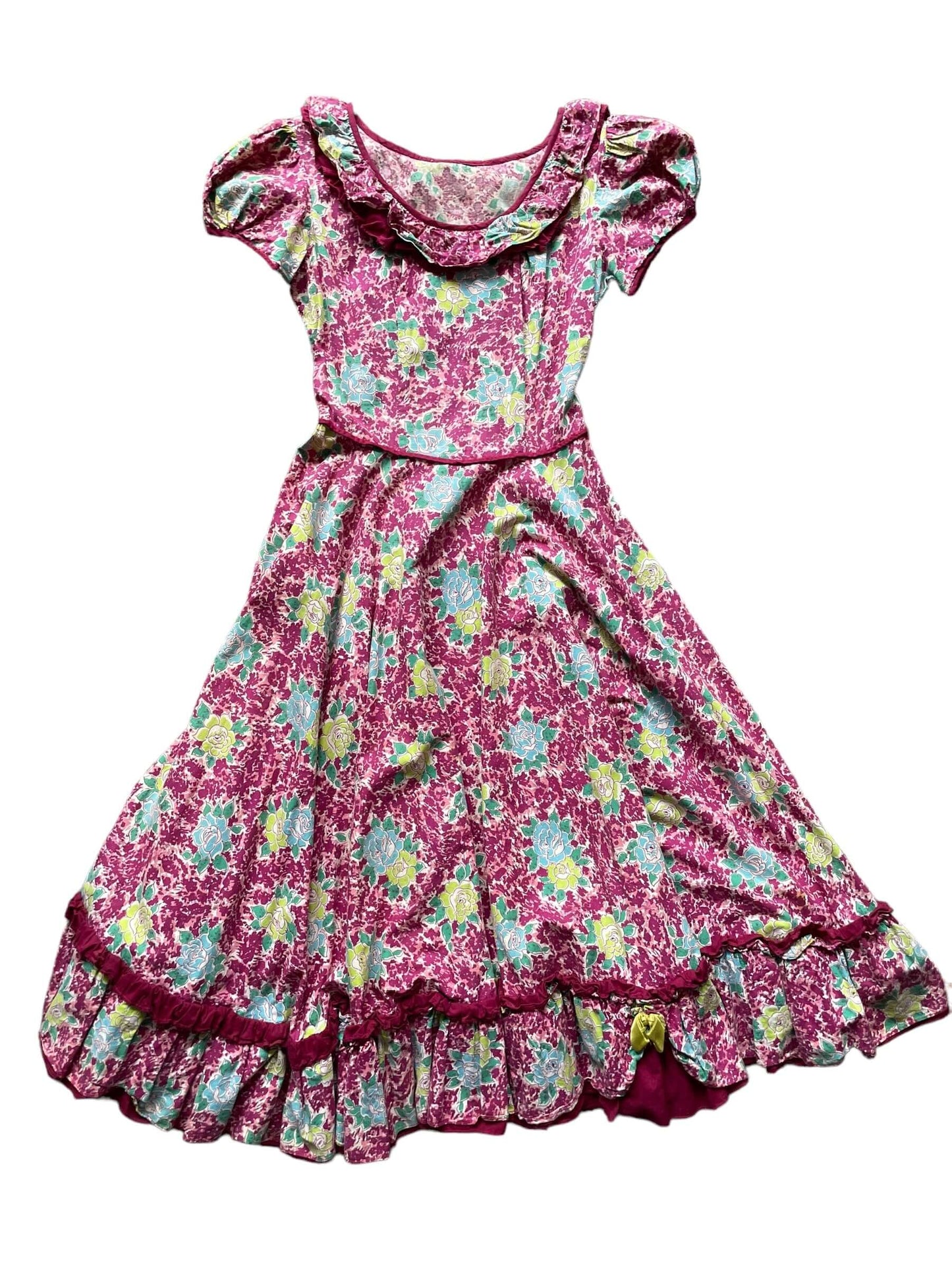 Full front view of 1950s Purple Floral Square Dancing Dress S