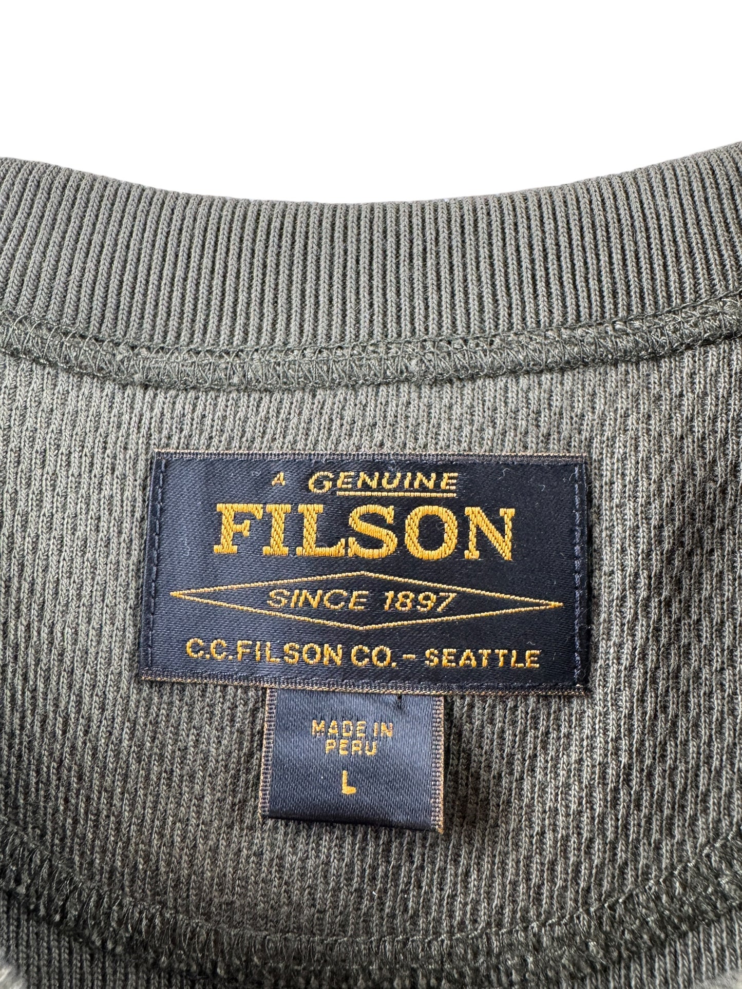 Label on Filson Mossy Rock Waffle Knit Henley SZ L