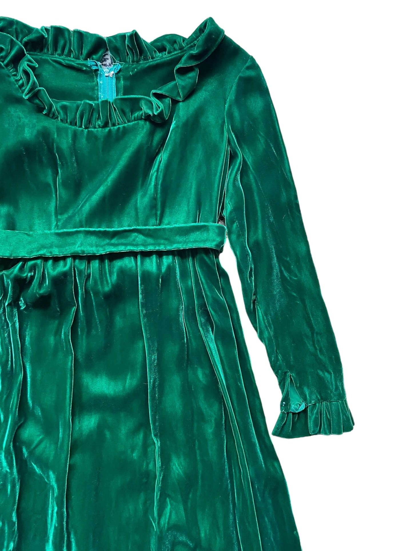 Front left side view of Vintage 1960s Green Velvet Dress |  Barn Owl Vintage Dresses | Seattle Vintage Ladies Clothing