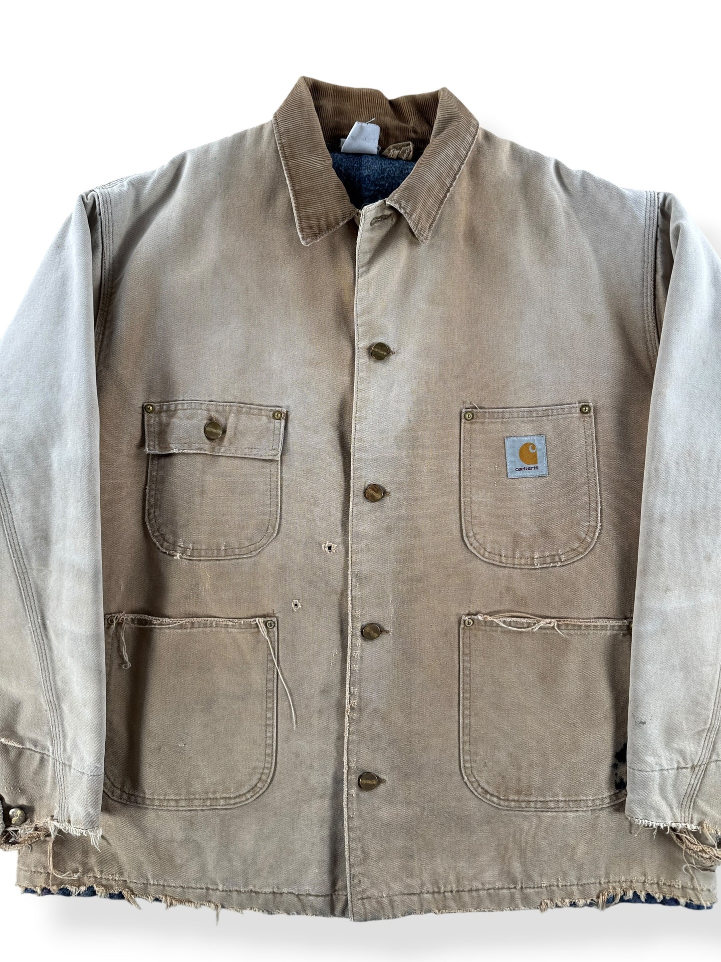Front Close Up of Vintage Distressed Carhartt Chore Coat SZ XXL