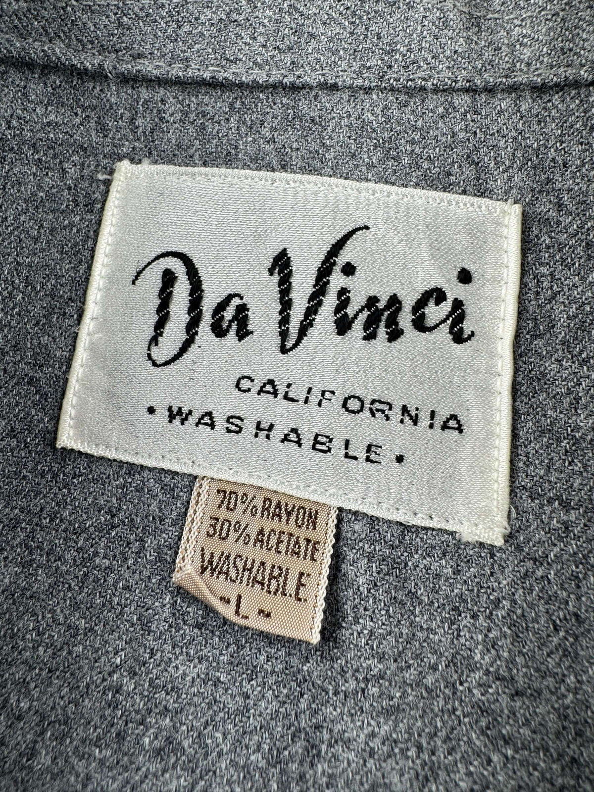 Tags on Vintage 1960s Da Vinci Rockabilly Rayon Loop Collar Shirt SZ L