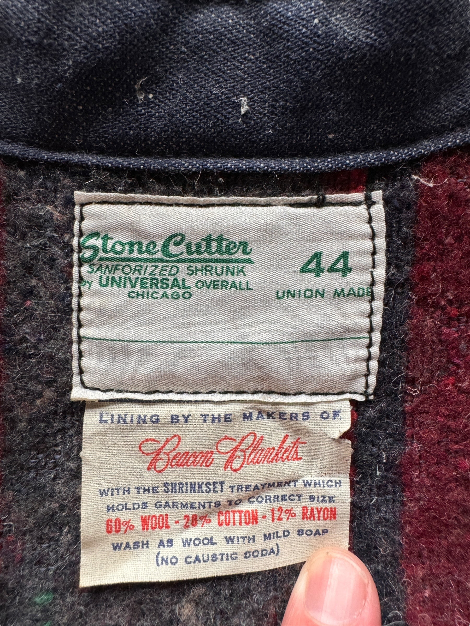 tag on Vintage NOS Stonecutter Denim Chore Coat SZ 44