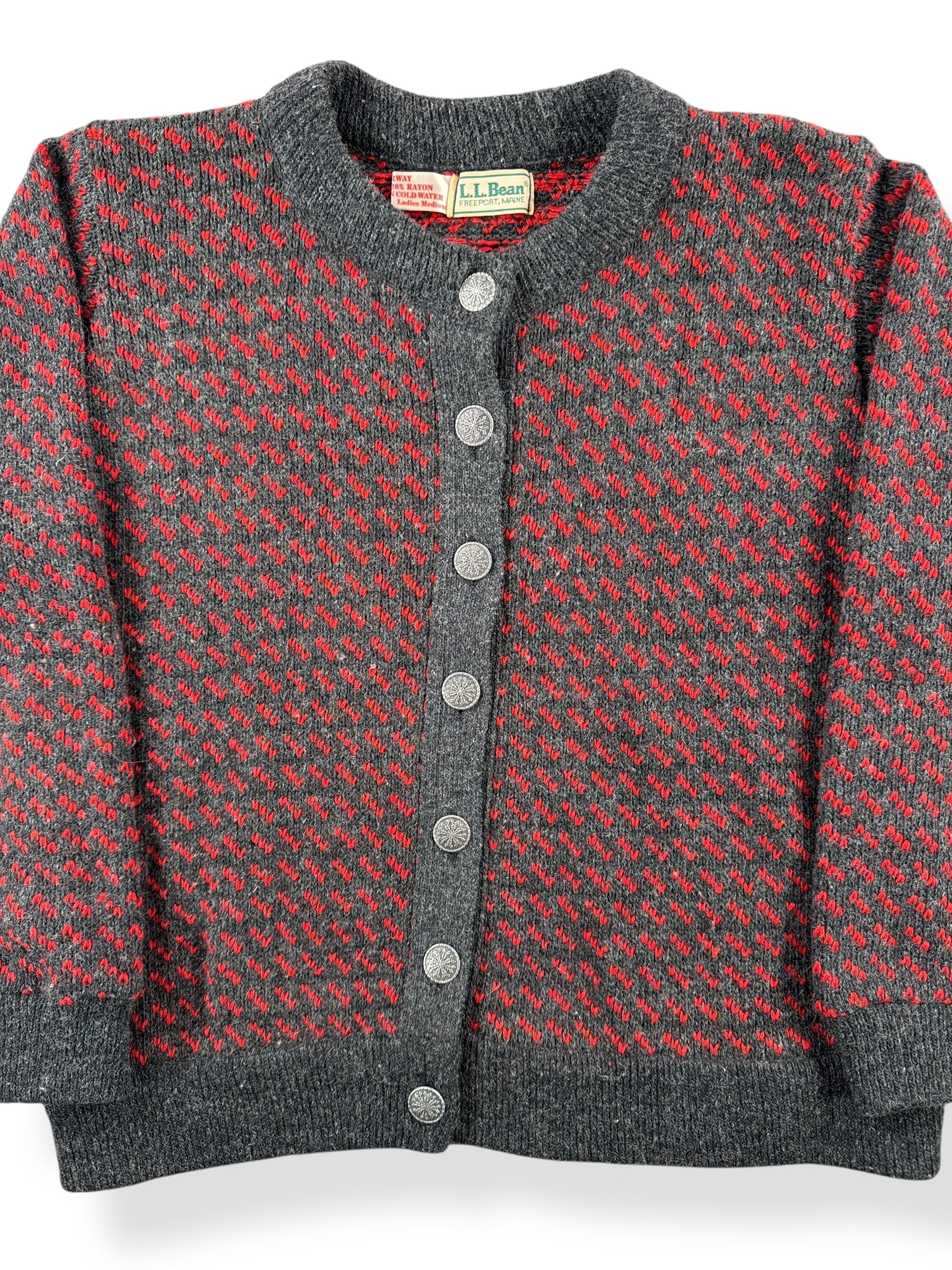 Front Close Up of Vintage Ladies LL Bean Birdseye Nordic Cardigan Red & Grey SZ M