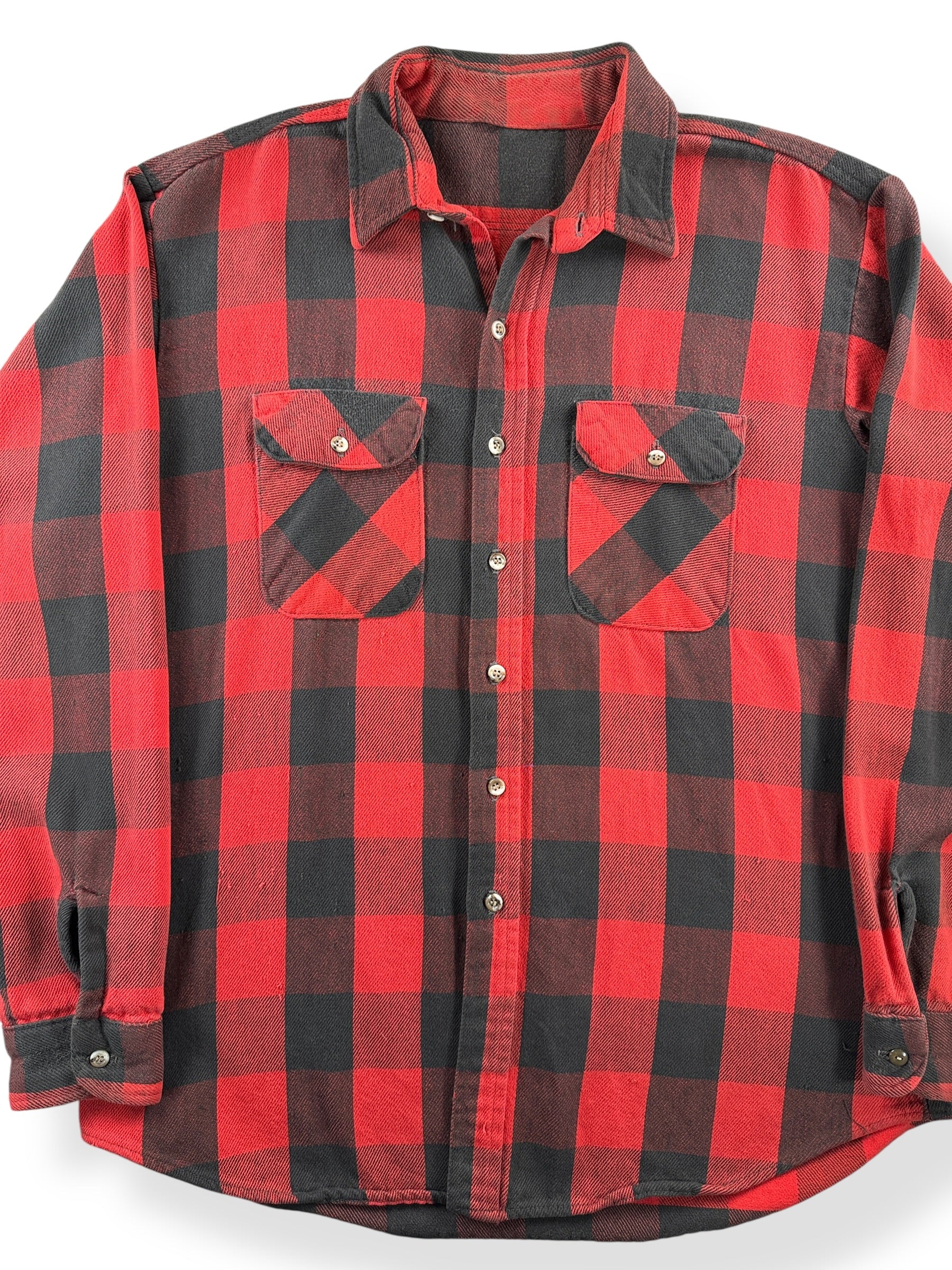 Front Close Up of Vintage Red and Black Cotton Flannel SZ XL