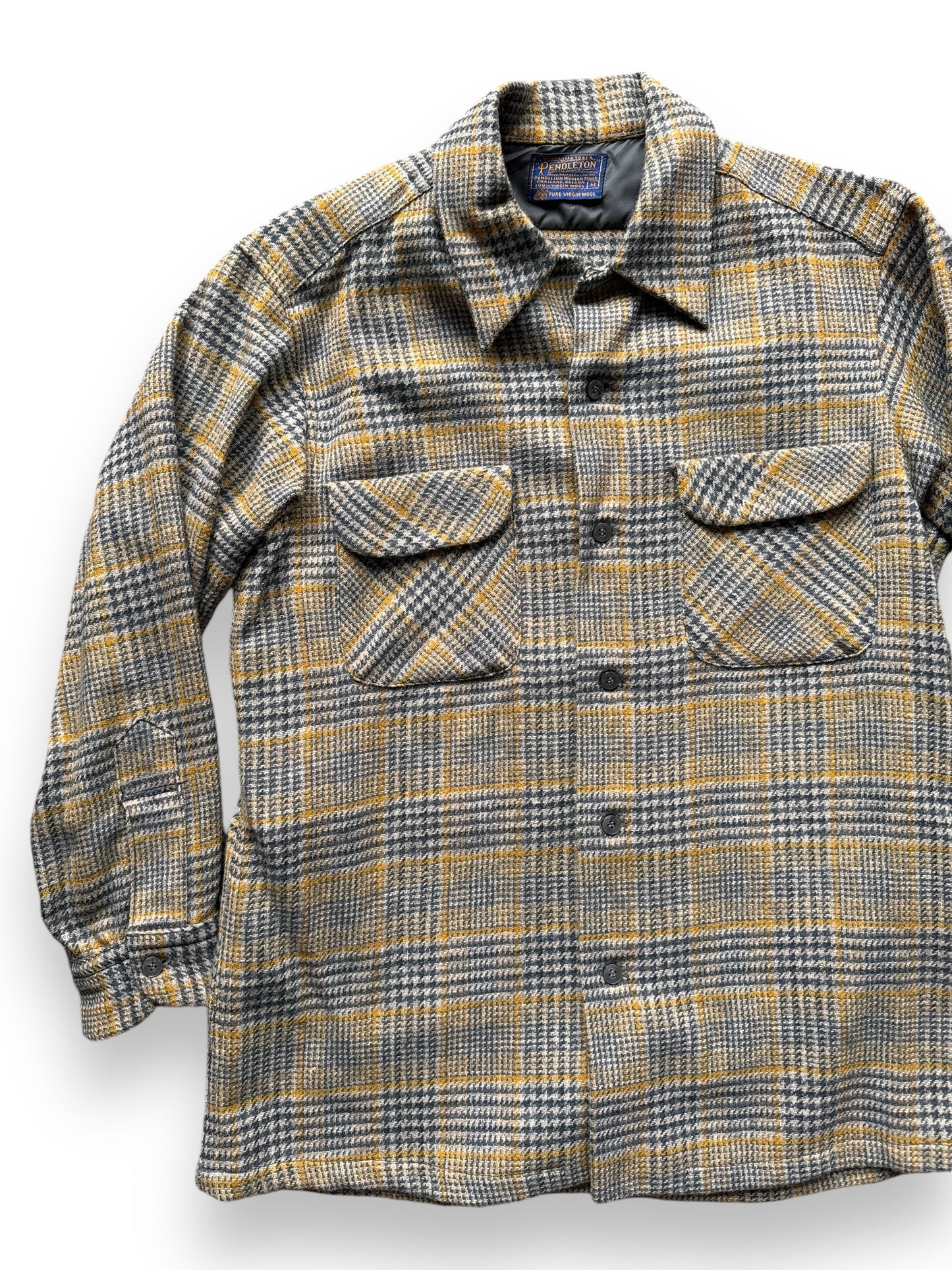 front right of Vintage Pendleton Crazy Yellow Plaid Board Shirt SZ M