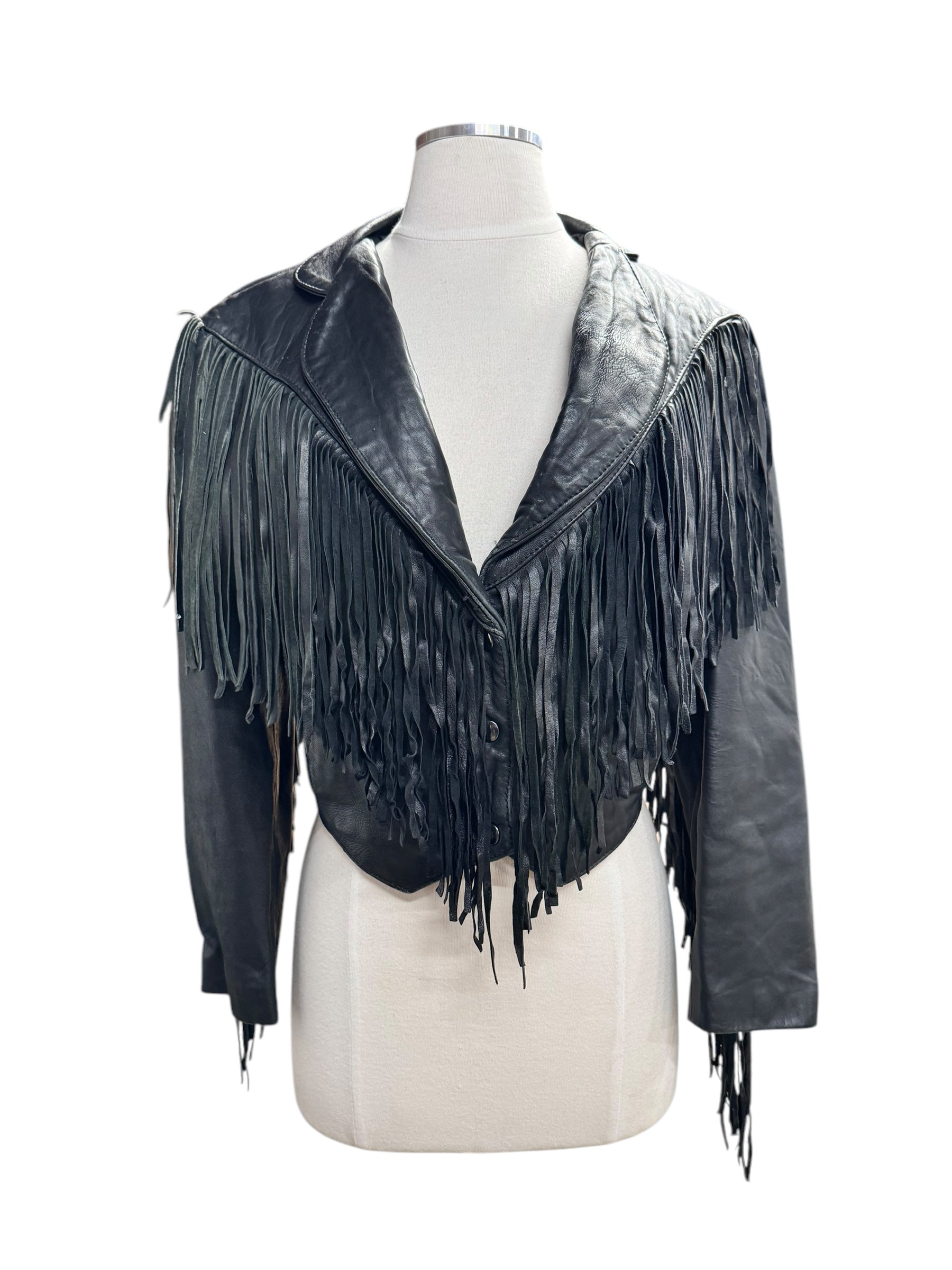 Front view of 1980s Black Leather Fringe Cropped Jacket M