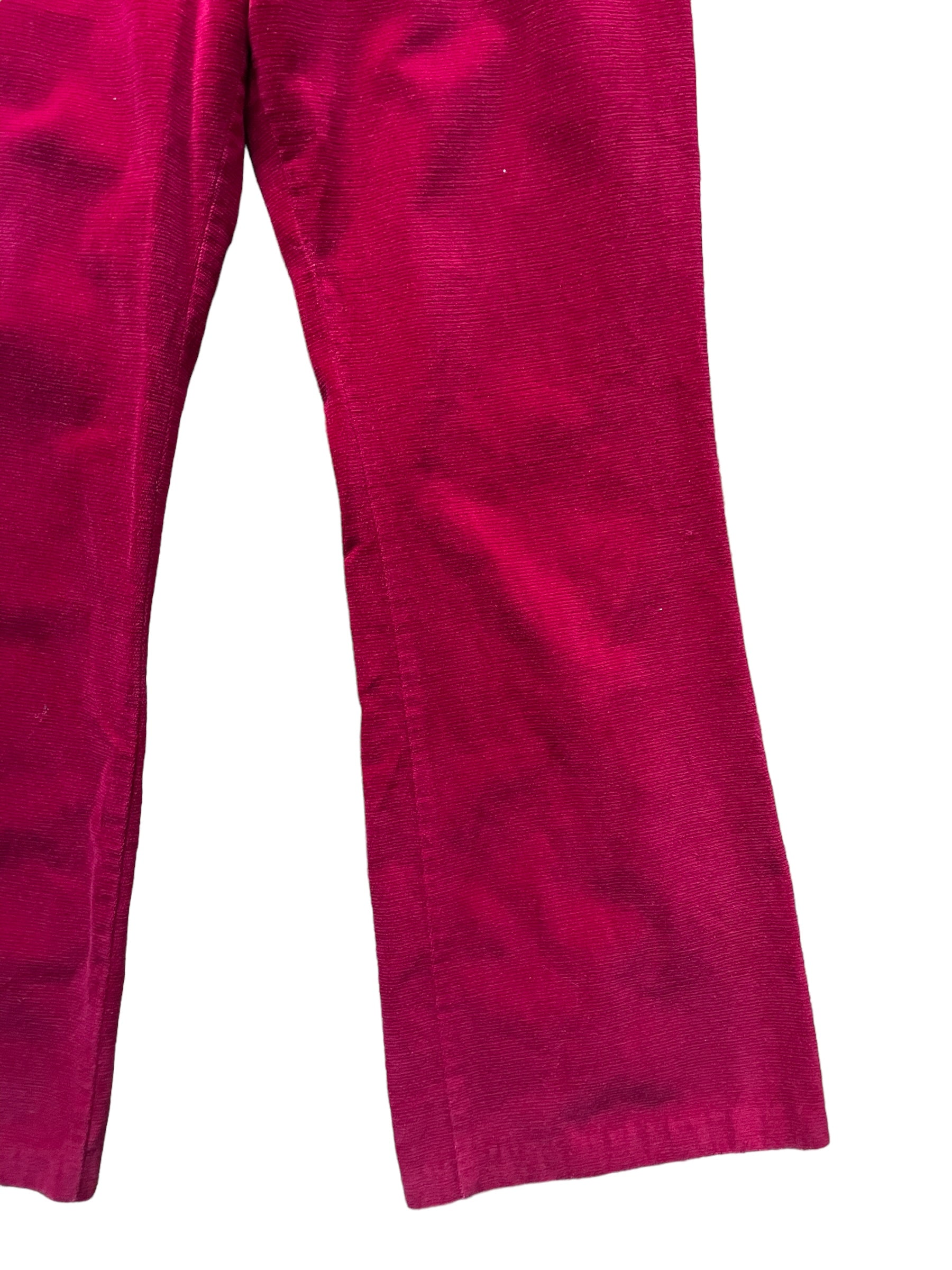 Front left Leg view of Vintage 1970s Red Velvet Bell Bottoms sz S | Barn Owl Vintage Seattle | Vintage 70s Pants
