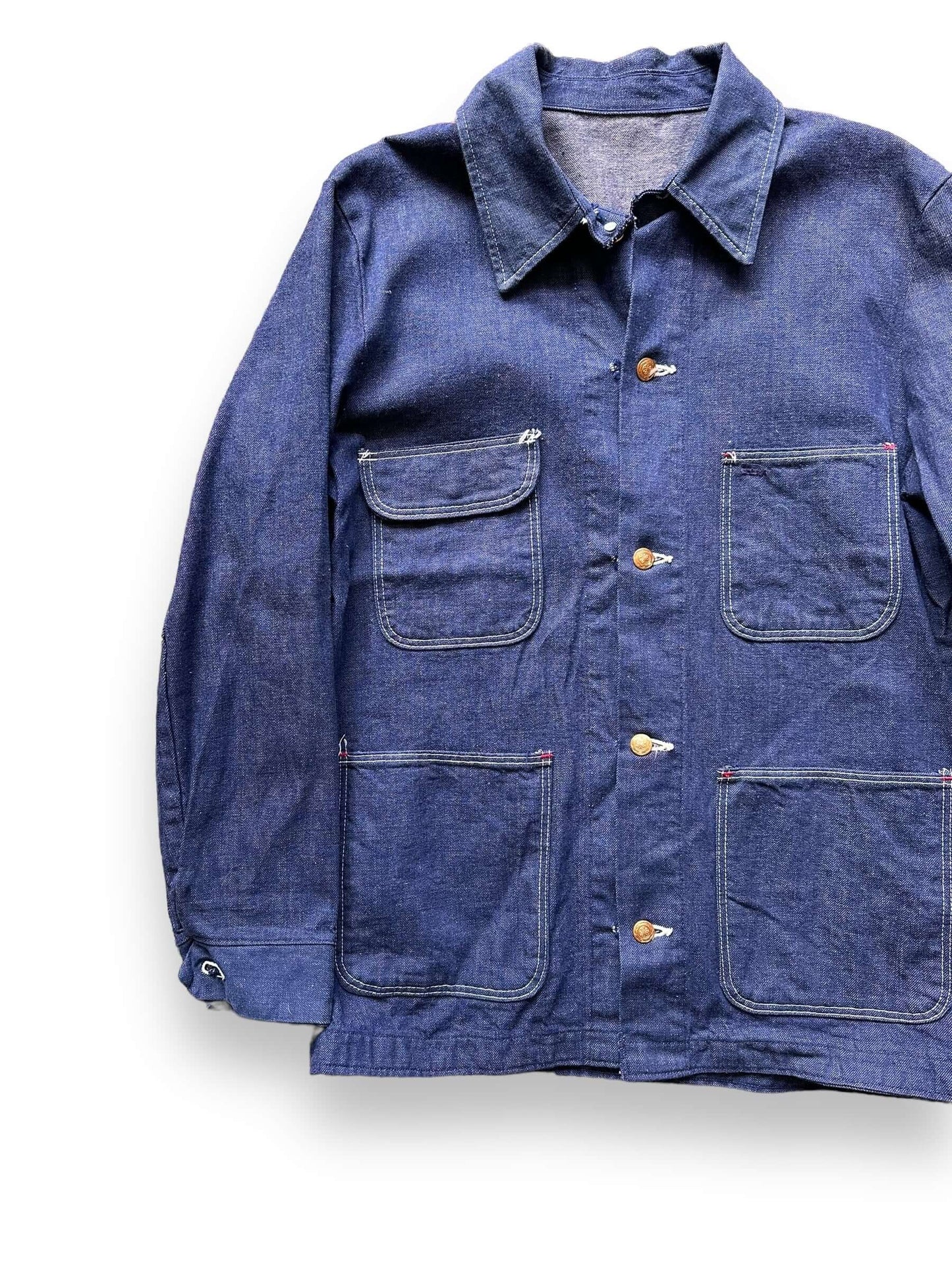 front right of Vintage Wrangler Blue Bell Denim Chore Coat SZ 40 | Vintage Denim Chore Coat