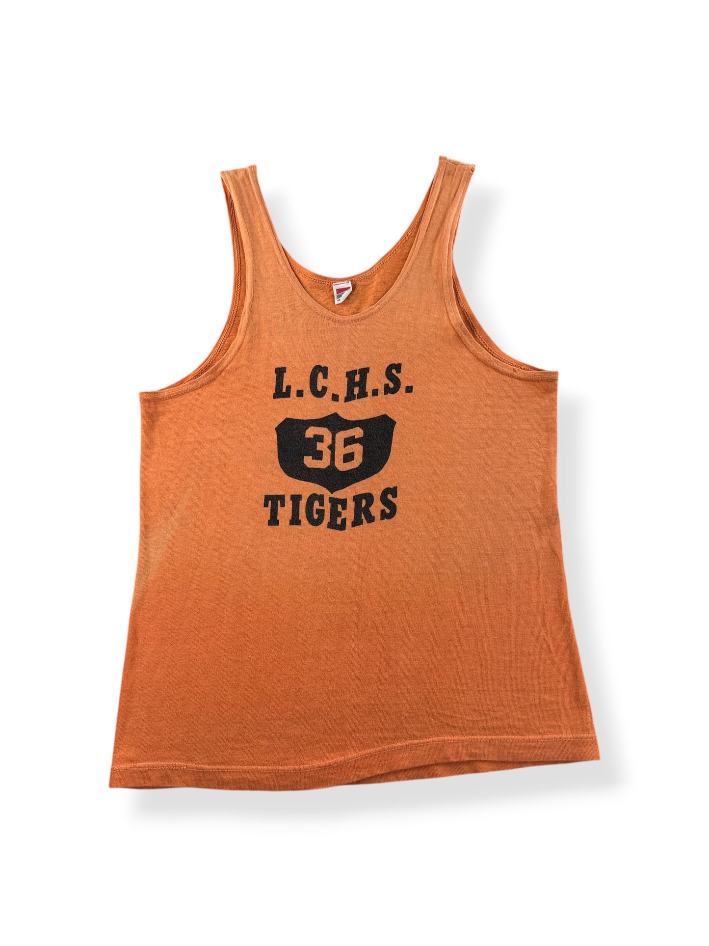 Front of Vintage 1960s Faded Orange LCHS Tigers Tank Top SZ M (Fits S)
