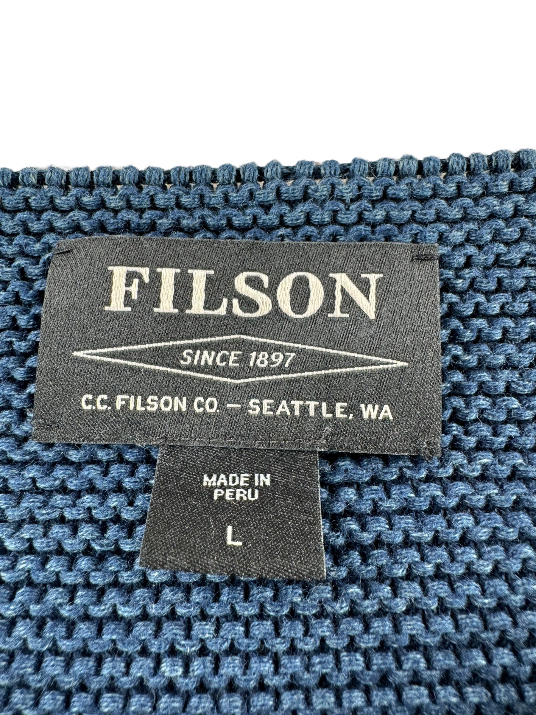 Label on Filson Women's Blue Lake Quinault Sweater SZ L
