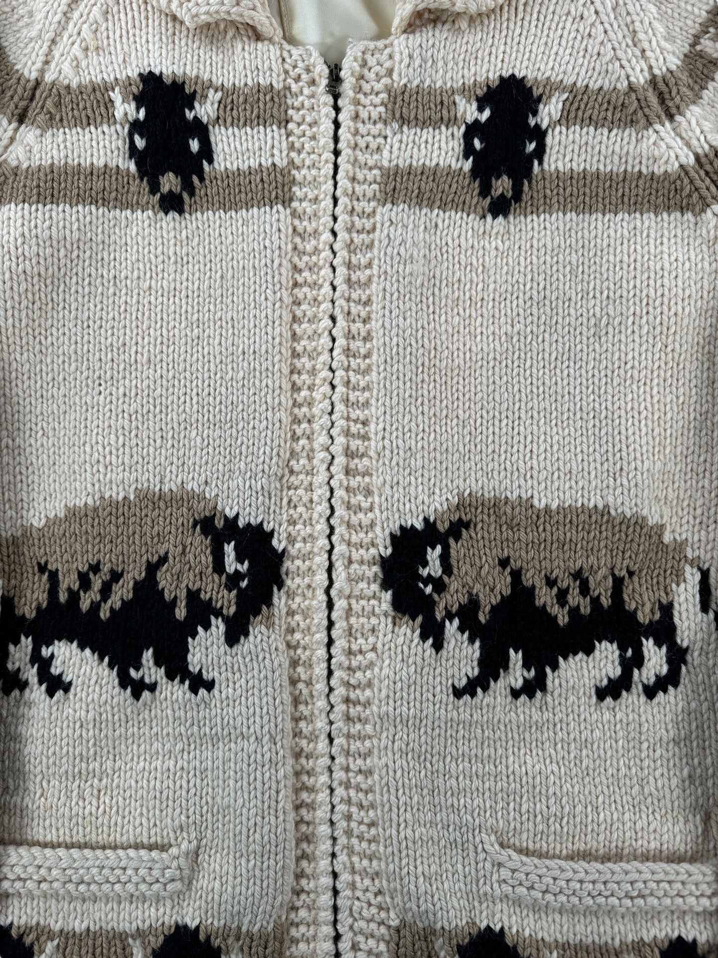 Knit Pattern on Vintage Lined Mary Maxim Buffalo Pattern Cowichan Sweater SZ L