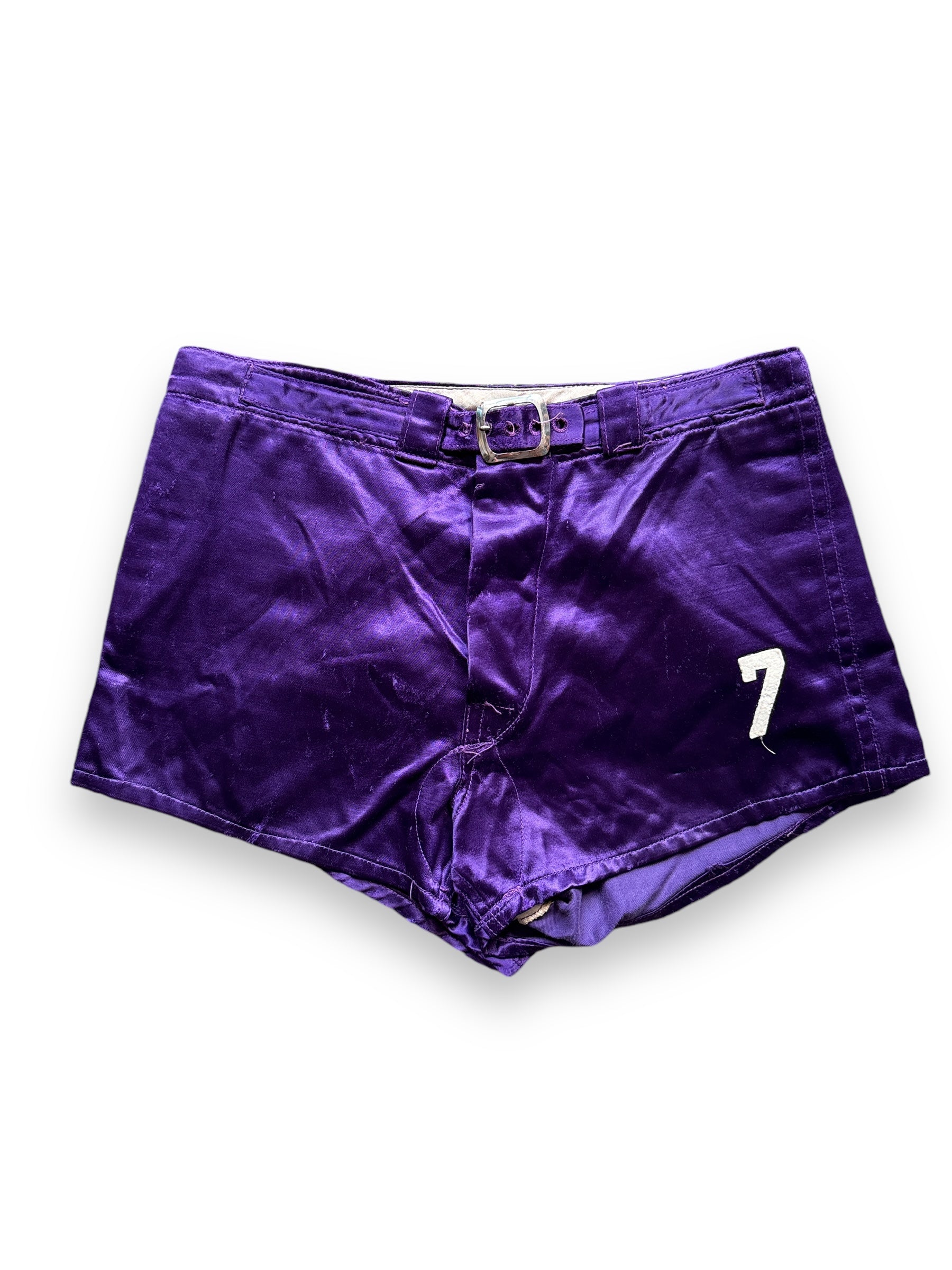 front of Vintage 1950s Era Purple Satin Athletic Shorts SZ 30