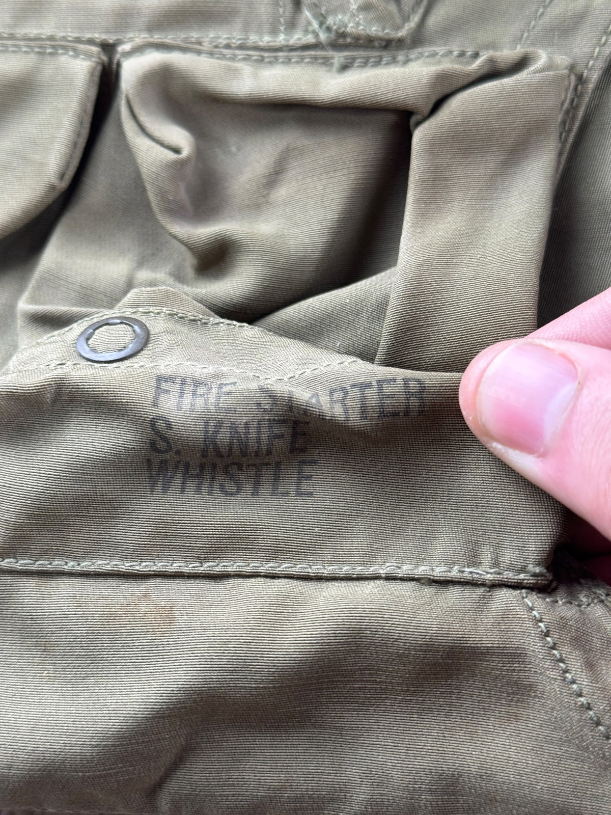 Fire Starter, knife, & whistle pocket on Vintage WWII US Army Air Forces Flight Survival Vest SZ S