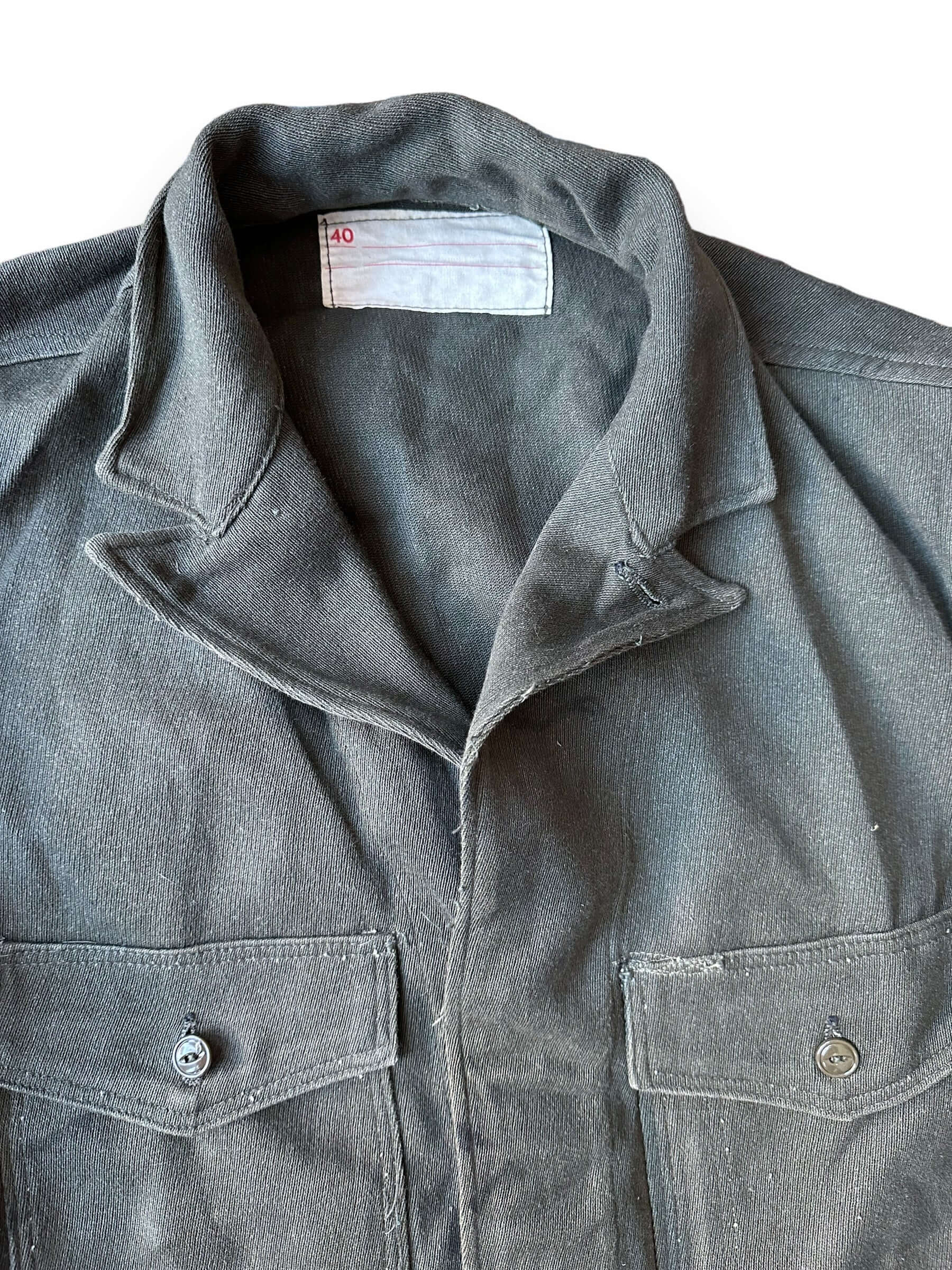 collar of Vintage Oiled Stained Green Work Jacket SZ 40