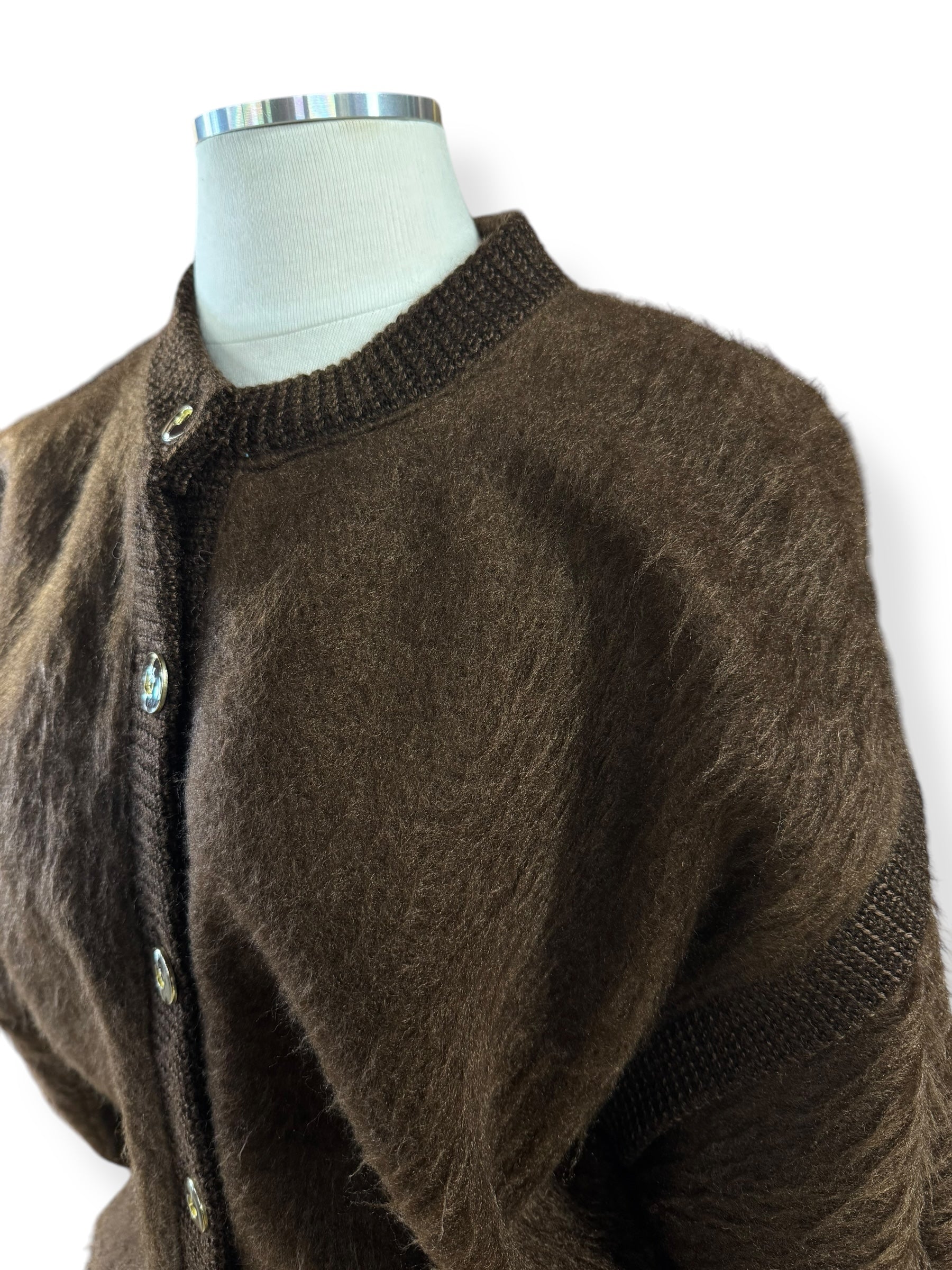 Side view of 1980s Brown Acrylic Mohair Cardigan L