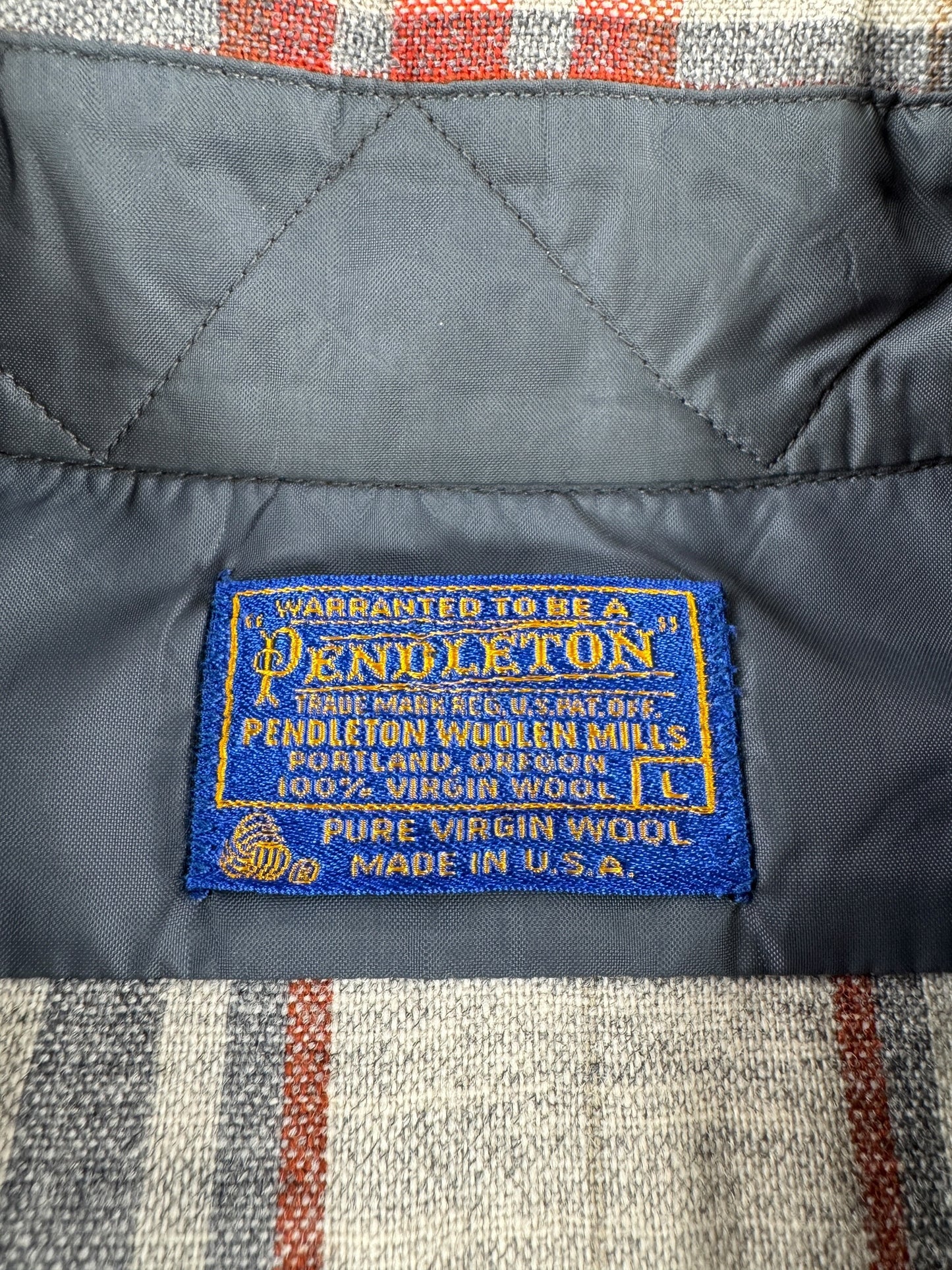 Label on Vintage Pendleton Brick Red and Grey Flannel SZ L