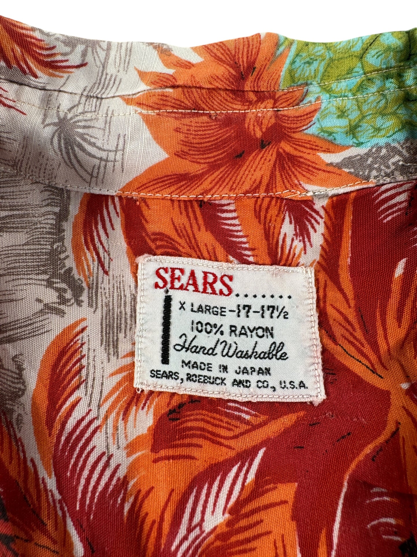 Tag on Vintage Sears Rayon Aloha Shirt SZ XL