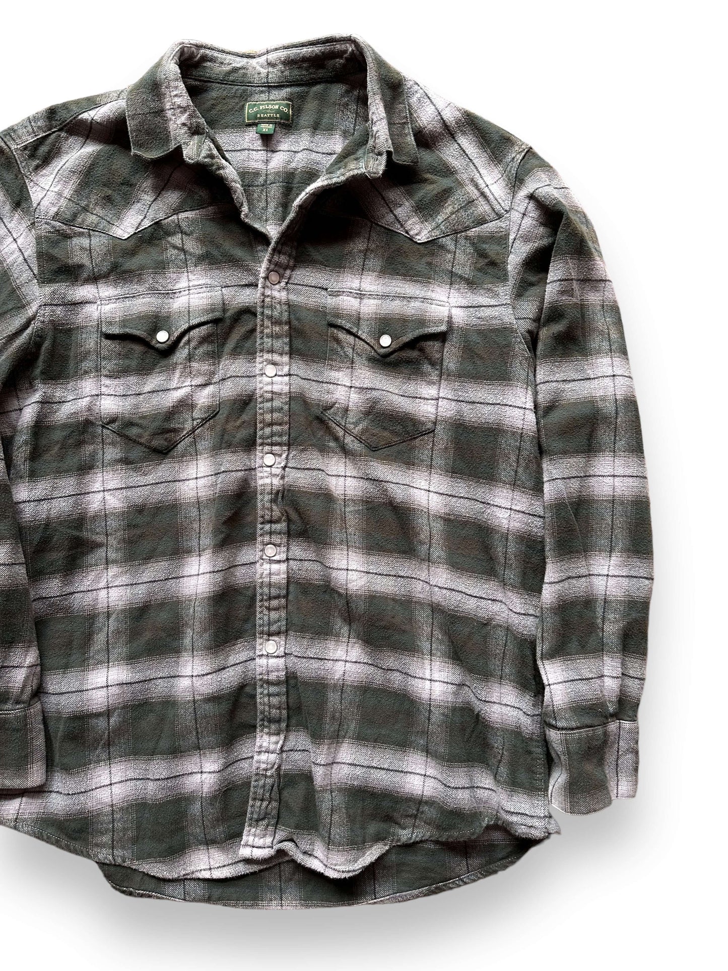 Front Left View of Filson Green Label Pearl Snap SZ XL |  Barn Owl Vintage Goods | Vintage Filson Workwear Seattle