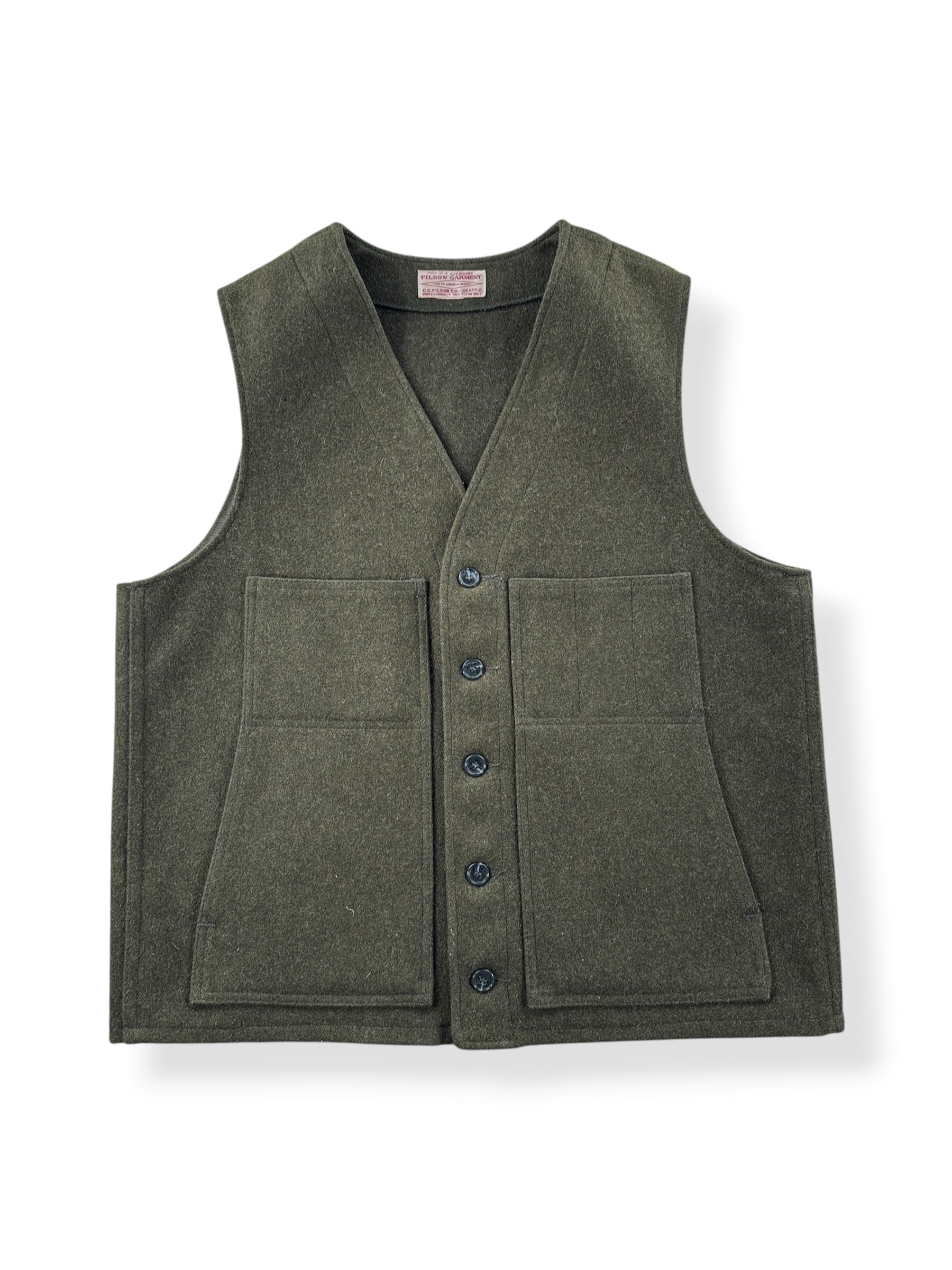 Front of Vintage Filson Forest Green Mackinaw Wool Vest SZ 42